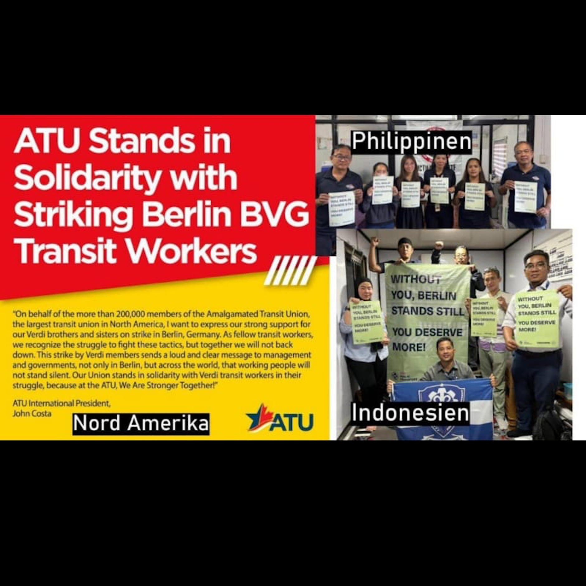 Solidaritätsadresse aus den USA: John Costa, International President der Amalgamated Transit Union, grüßt die streikenden Brüder und Schwestern der BVG in Berlin. Grüße kommen auch aus Indonesien und den Philippinen.