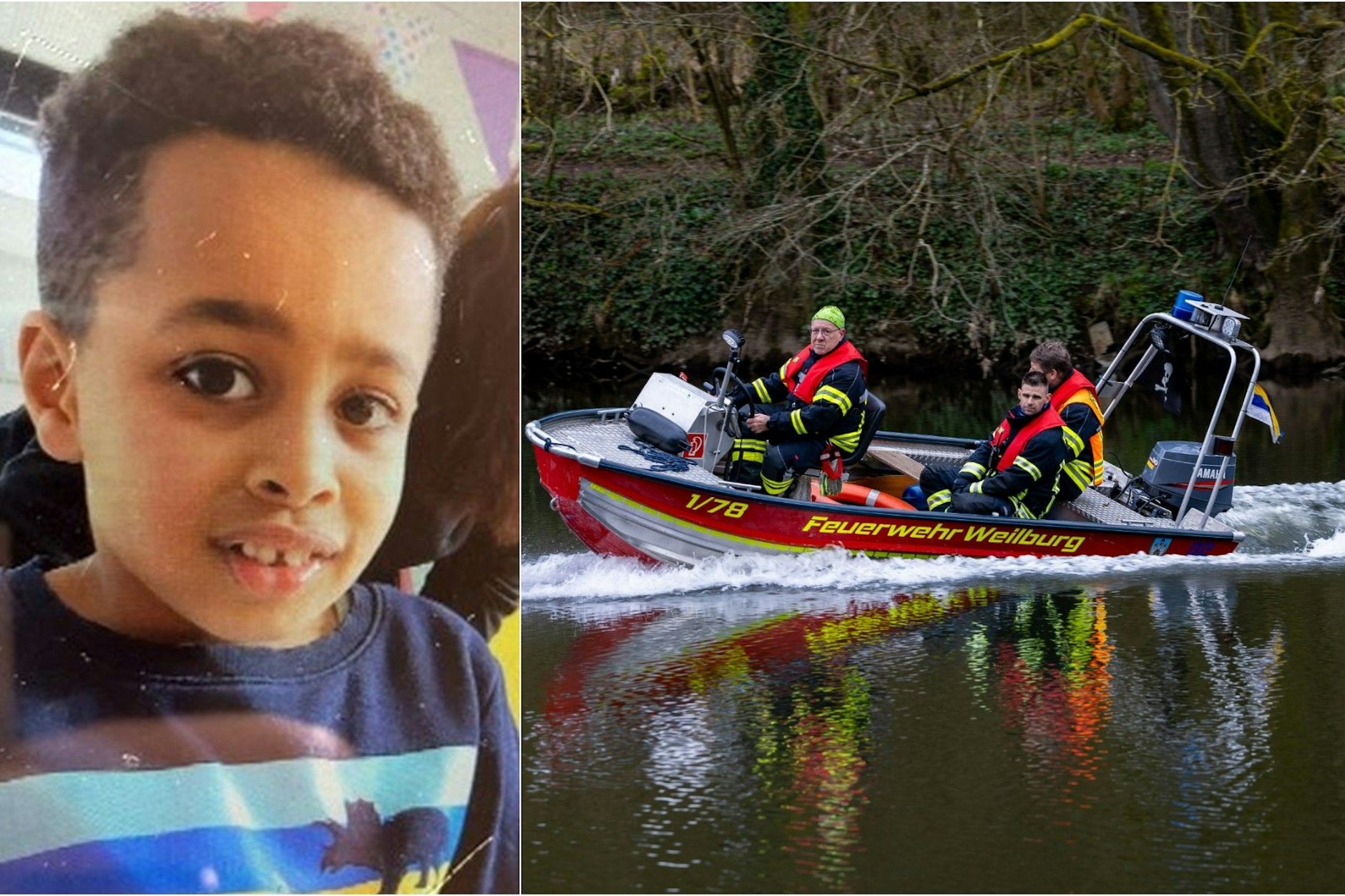 Mit diesem Foto such die Polizei nach Pawlos. Nach dem sechsjährigen Jungen aus Weilberg in Hessen wird mit Großaufgebot gesucht, wie hier die Feuerwehr auf der Lahn.