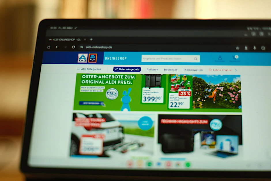 Die Startseite des Aldi-Onlineshops auf einem Tablet-Bildschirm Die Discounter Aldi Nord und Aldi Süd betreiben diesen Shop gemeinsam, allerdings nur noch wenige Monate.