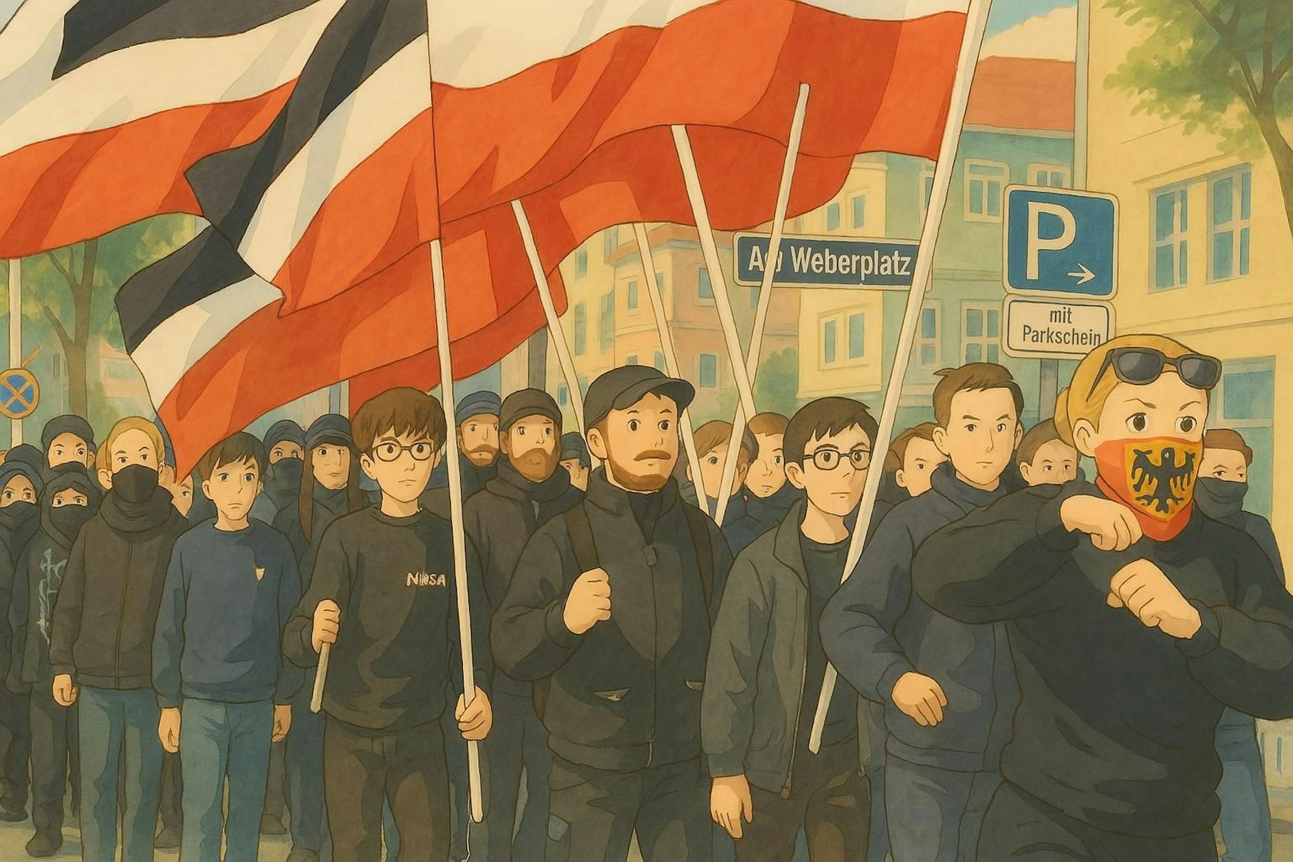 Ein Neonazi-Aufmarsch sieht in der Ghibli-Ästhetik auf einmal ganz harmlos aus. Dieses Foto wurde mit KI erstellt.