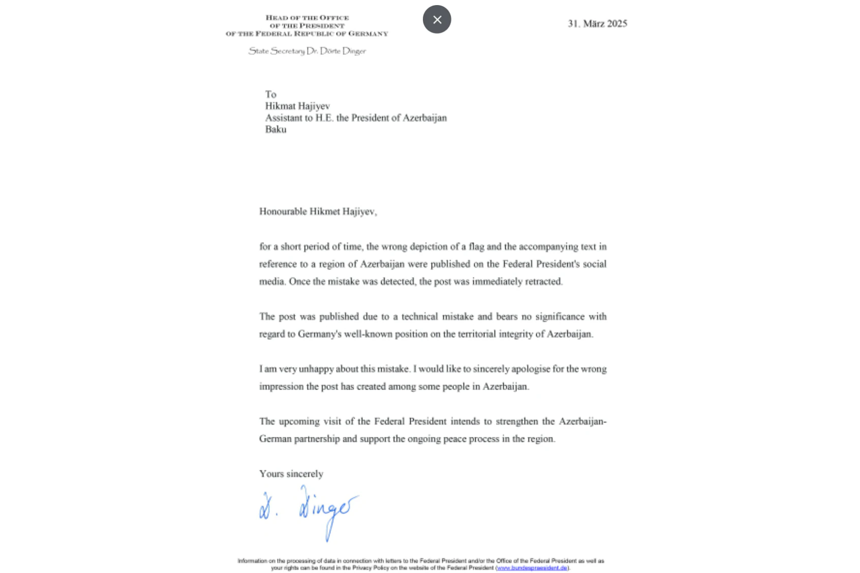 Screenshot des Briefes vom Bundespräsidialamt