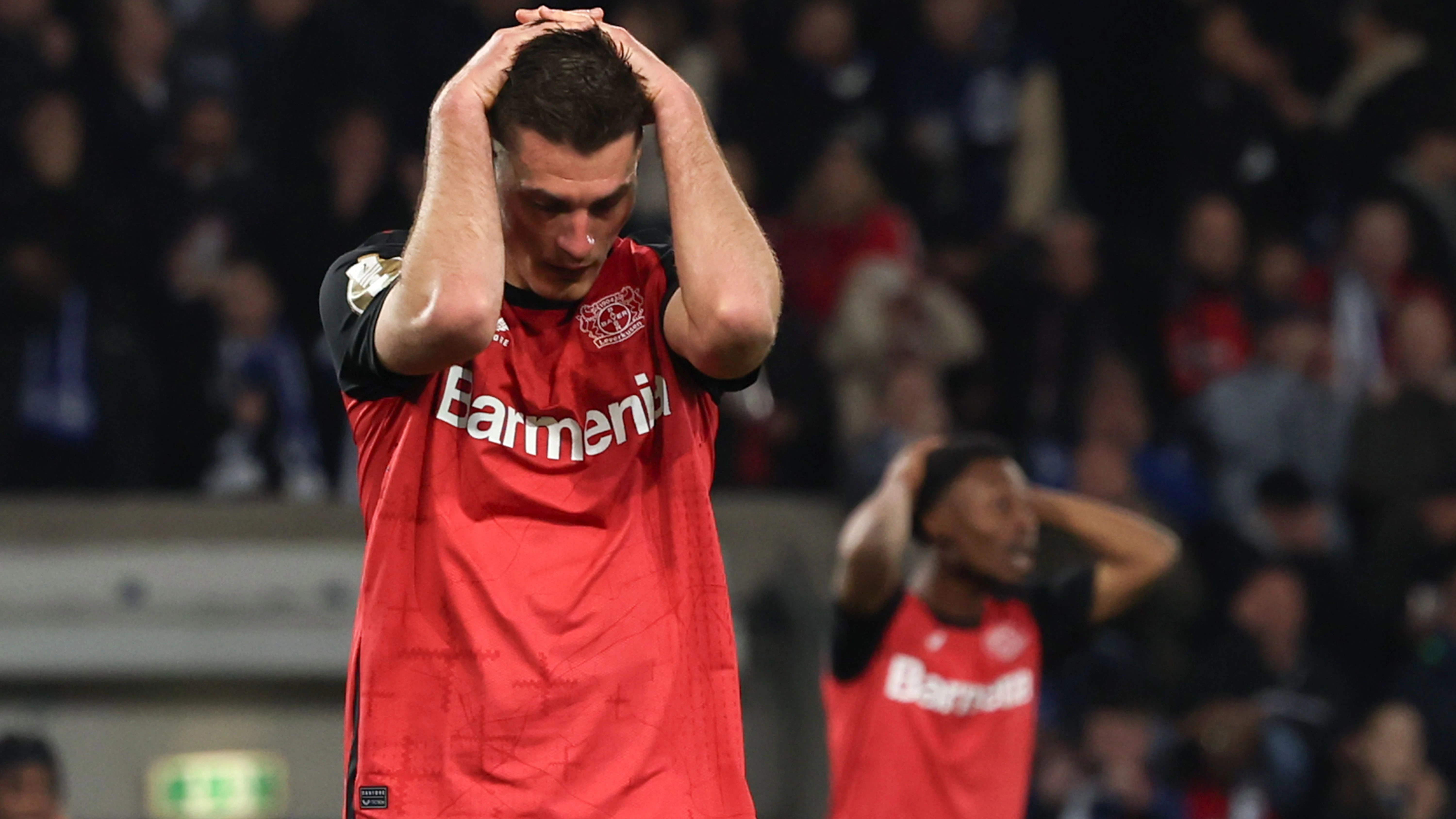Leverkusen musste sich von Bielefeld in die Schranken weisen lassen. Foto: Leverkusens Patrik Schick reagiert.