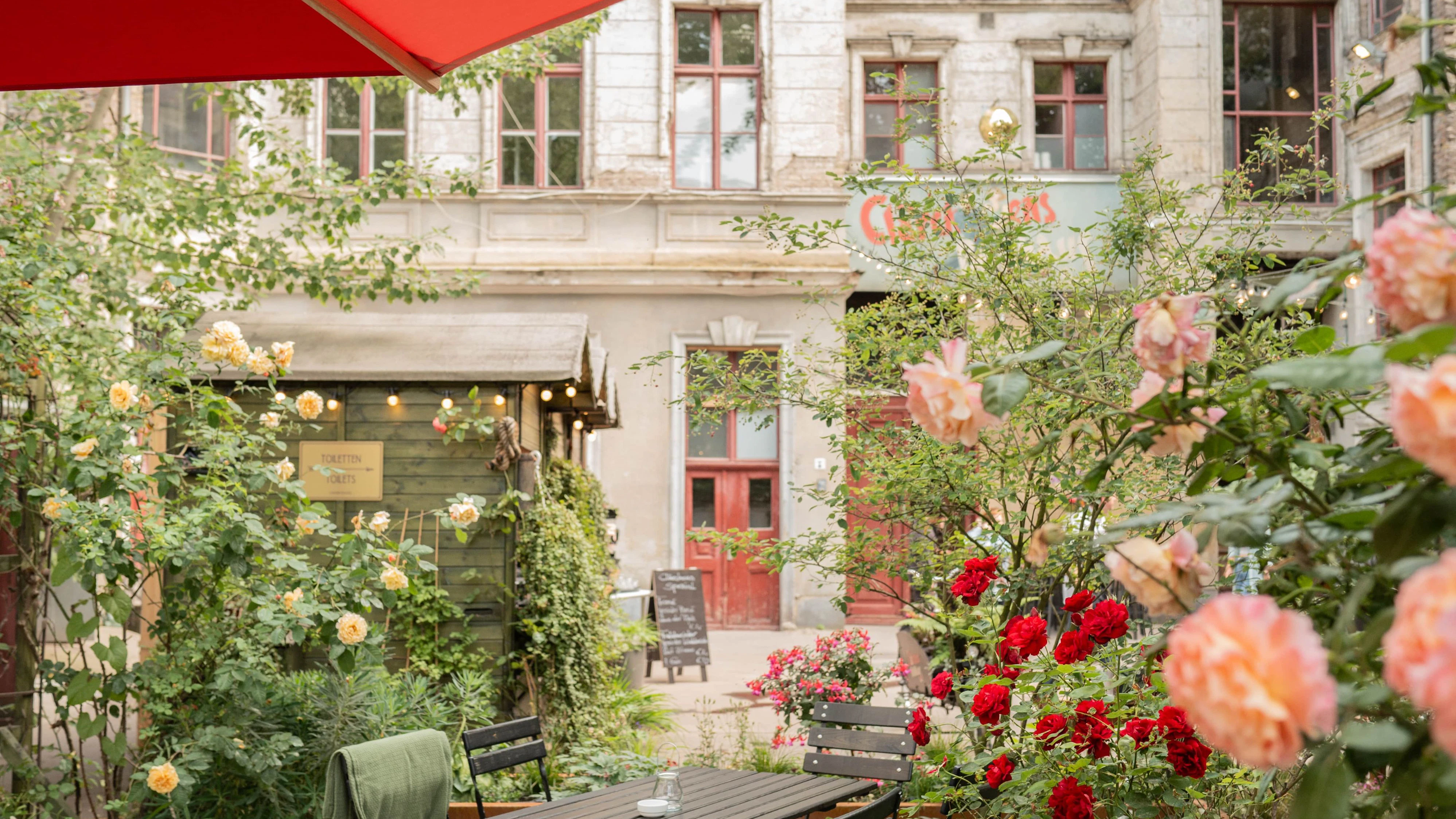 Clärchens Ballhaus mit Rosen, wo bis in die 1960er Jahre eine Ruine stand.