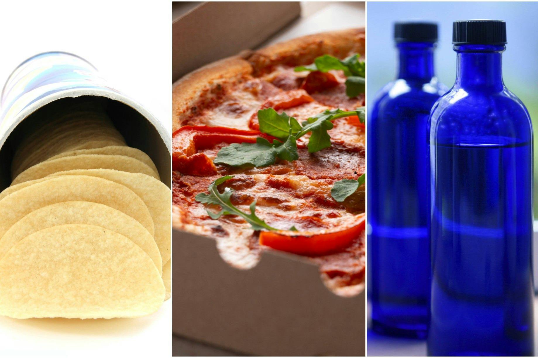 Die beschichtete Dose der Chips kommt in die gelbe Tonne, der (leere!) Pizzakarton ins Altpapier und blaues Glas wird im Altglascontainer zum grünen Glas geworfen.