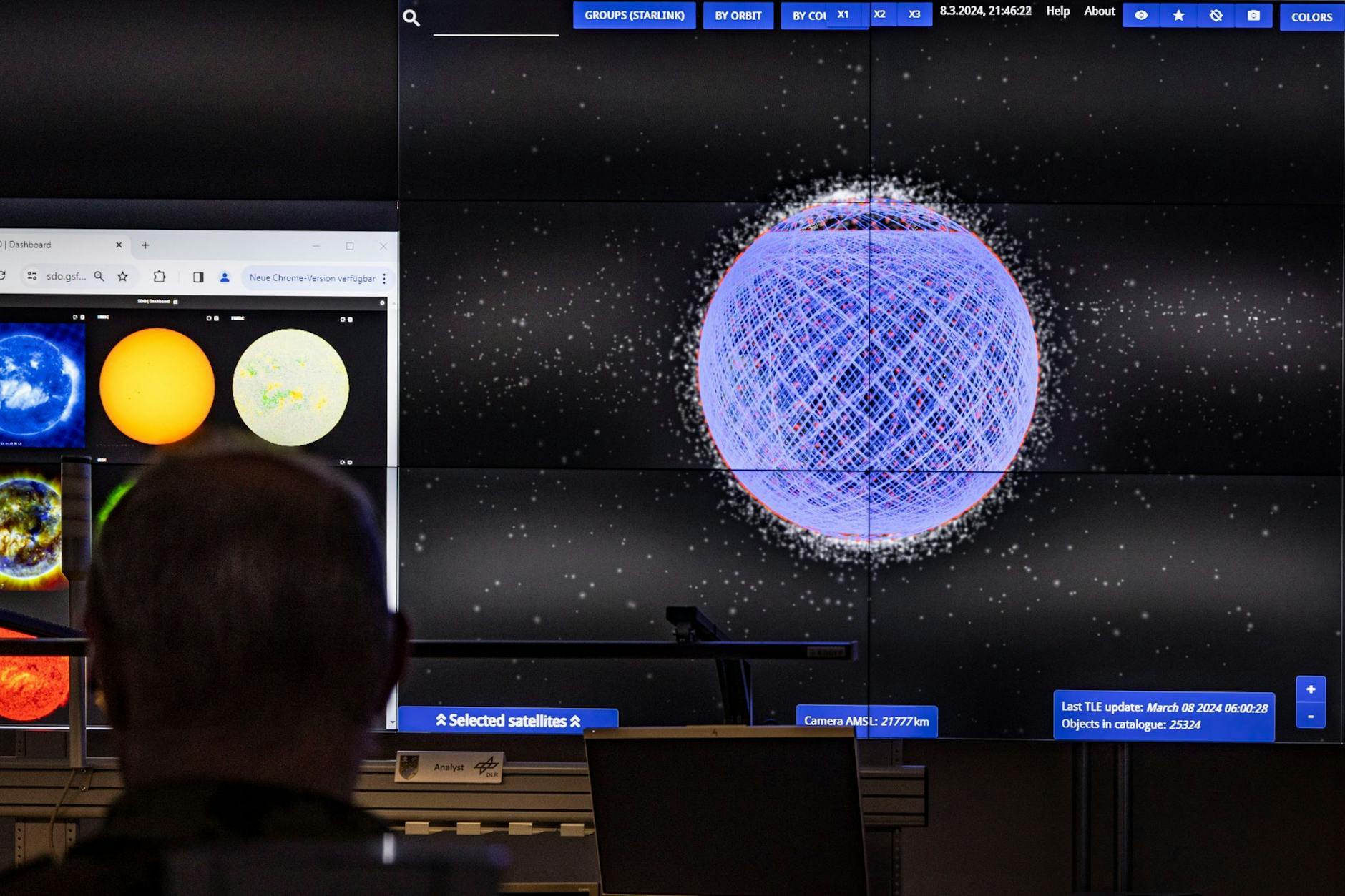 Auf einer Monitorwand im Weltraumlagezentrum der Bundeswehr in Uedem werden Umlaufbahnen aller 25.324 Starlink-Satelliten des US-Raumfahrtunternehmens SpaceX angezeigt.