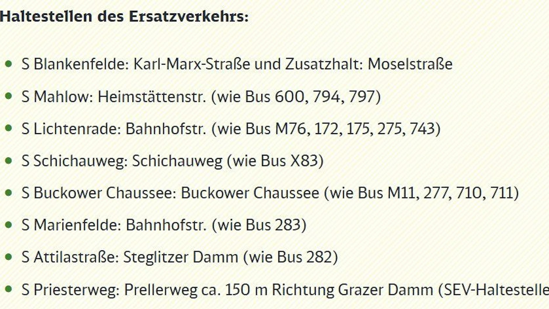 Zwischen Blankenfelde und Priesterweg fahren Busse mit diesen Haltestellen.
