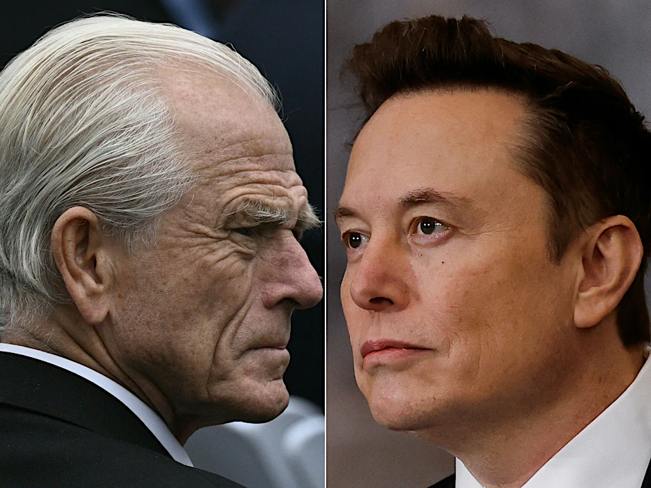 Diese Kombination von Bildern zeigt Donald Trumps obersten Handelsberater Peter Navarro und Elon Musk, Chef des Ministeriums für Regierungseffizienz (Doge).