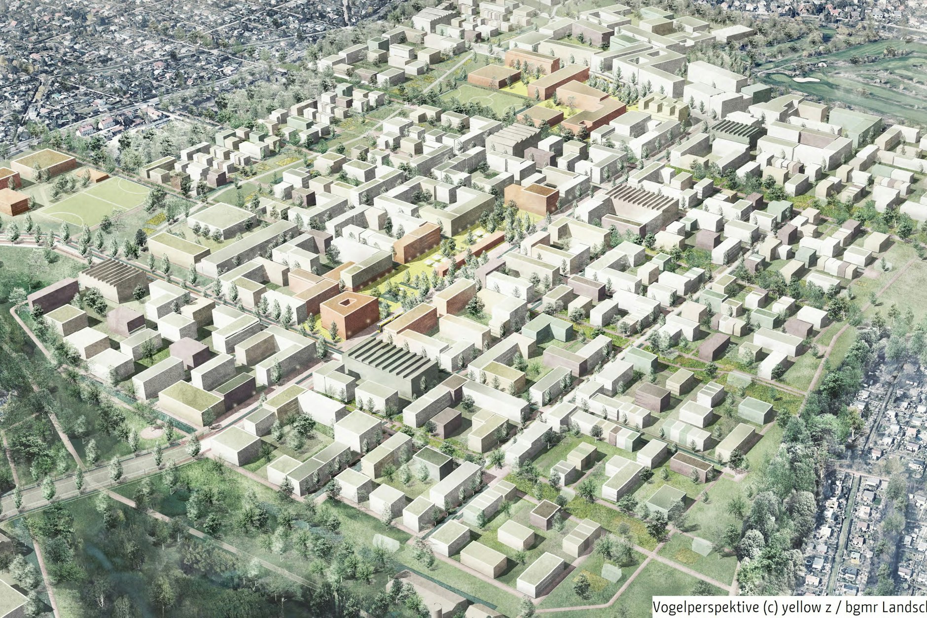 Im Blankenburger Süden soll in den kommenden Jahren ein neues Stadtquartier entstehen, mit Wohnungen, Gewerbe, sozialer Infrastruktur und viel Grün. Skizze von 2020.