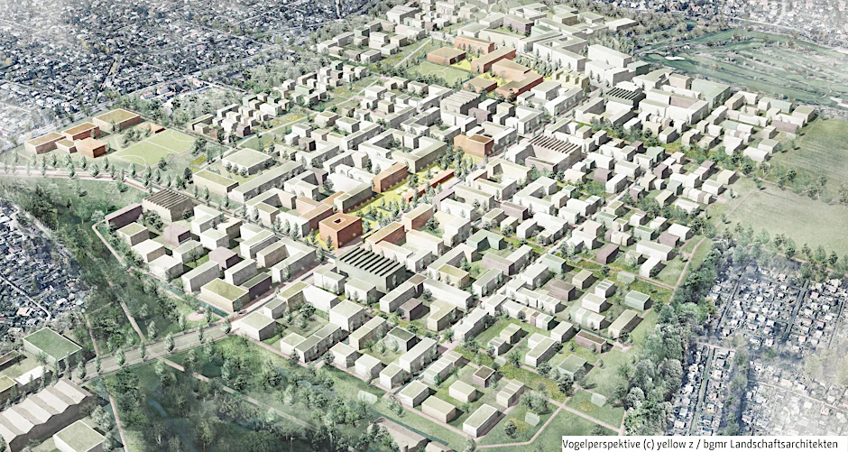  Im Blankenburger Süden soll in den kommenden Jahren ein neues Stadtquartier entstehen, mit Wohnungen, Gewerbe, sozialer Infrastruktur und viel Grün. Skizze von 2020.