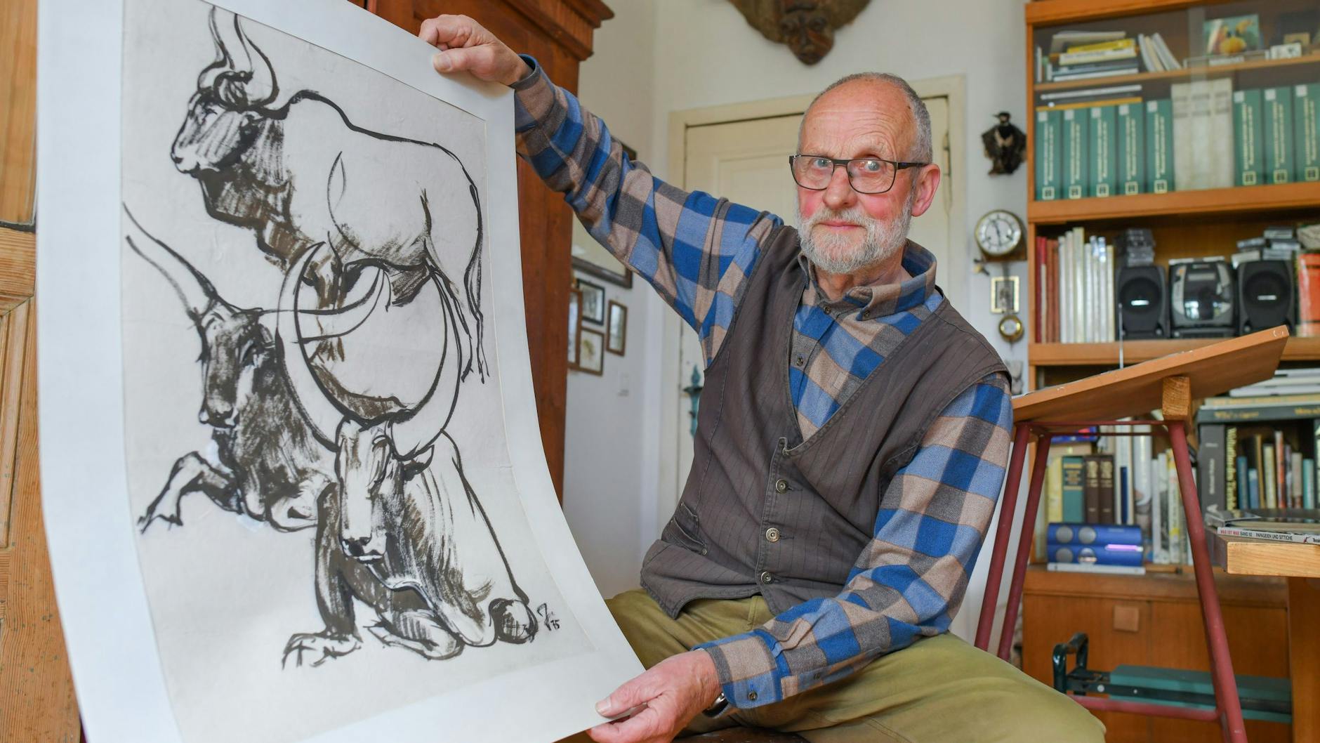 Reiner Zieger sitzt in seinem Atelier, zeigt eine Pinselzeichnung von Watussirindern.