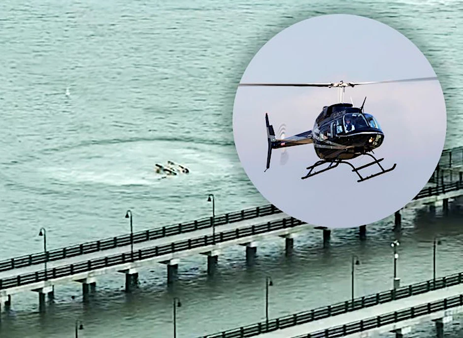 Der abgestürzte Hubschrauber treibt im Hudson River. Noch ist unklar, ob die Insassen überlebt haben. Bei dem Helikopter handelt es sich um eine Maschine des Typs Bell 206 LongRanger.