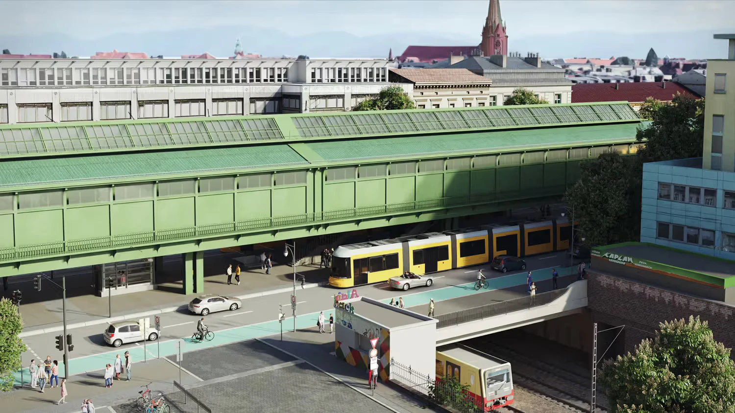 Die Visualisierung zeigt, wie der Verkehr auf der neuen Schönhauser-Allee-Brücke im Bezirk Pankow ab 2032 geführt wird.
