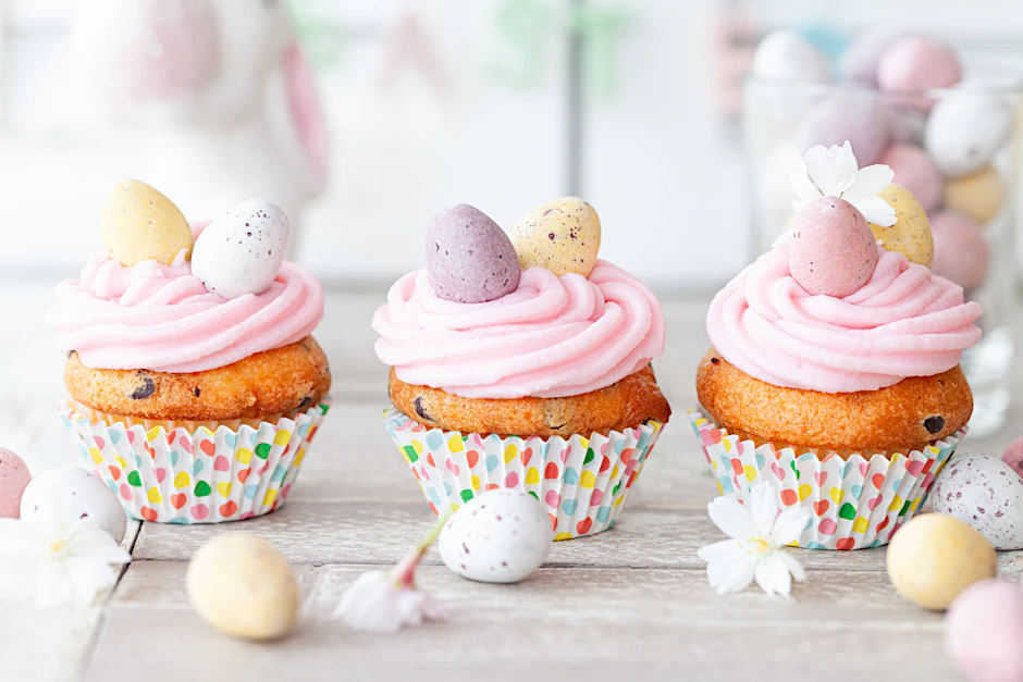 Kleine Oster-Cupcakes mit rosa Zuckerguss.