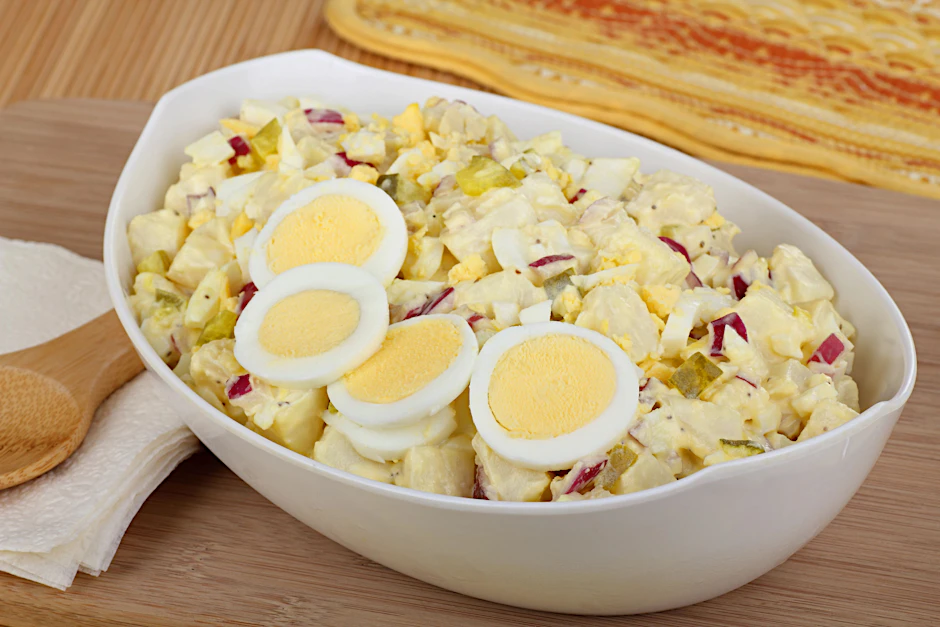 7-Tassen-Salat ist der perfekte Salat für den Grillabend - bei dem Rezept kommen Kartoffeln und Eier zum Einsatz, aber auch viele andere leckere Zutaten.