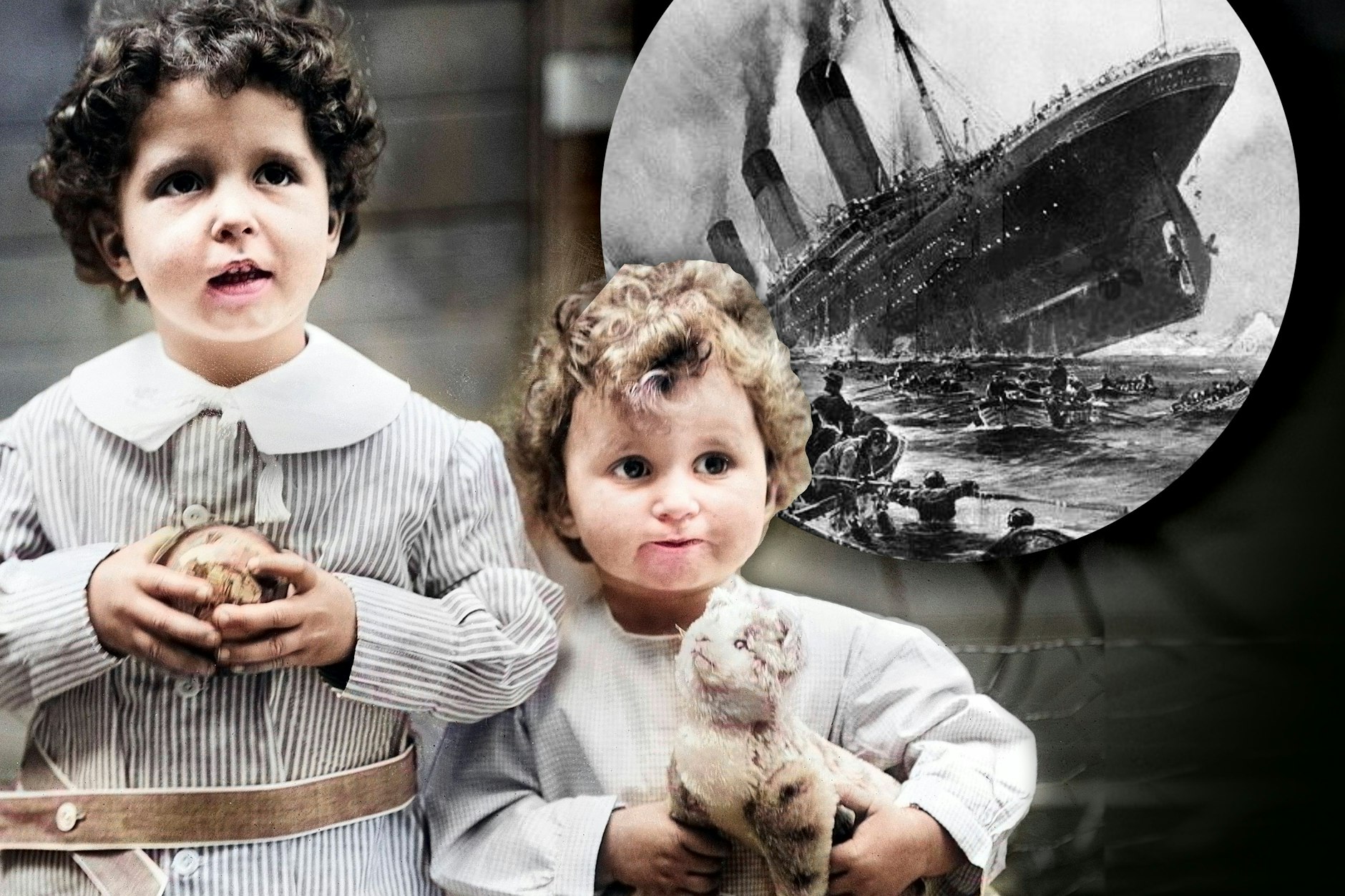 Die beiden Brüder Michel (4) und Edmond (2) sollten mit der Titanic nach New York entführt werden. Doch dann rammte das Schiff einen Eisberg. Nach der Katastrophe wurden die Kinder fotografiert, das Bilde wurde nachkoloriert.
