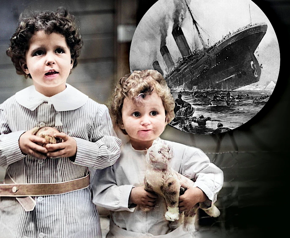 Die beiden Brüder Michel (4) und Edmond (2) sollten mit der Titanic nach New York entführt werden. Doch dann rammte das Schiff einen Eisberg. Nach der Katastrophe wurden die Kinder fotografiert, das Bilde wurde nachkoloriert.