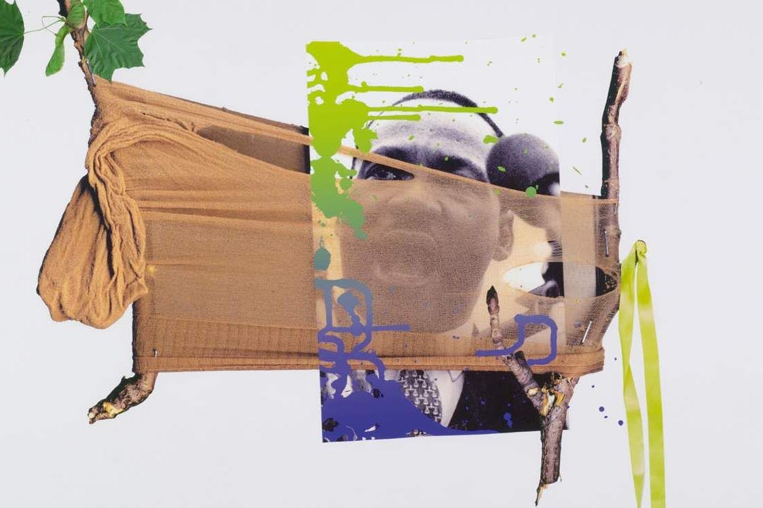 Kelley Walker: „Park Avenue Pantyhouse Plus Staples an Twigs With Leaves & Ribbon; Martin Luther King“, Bild-Montage