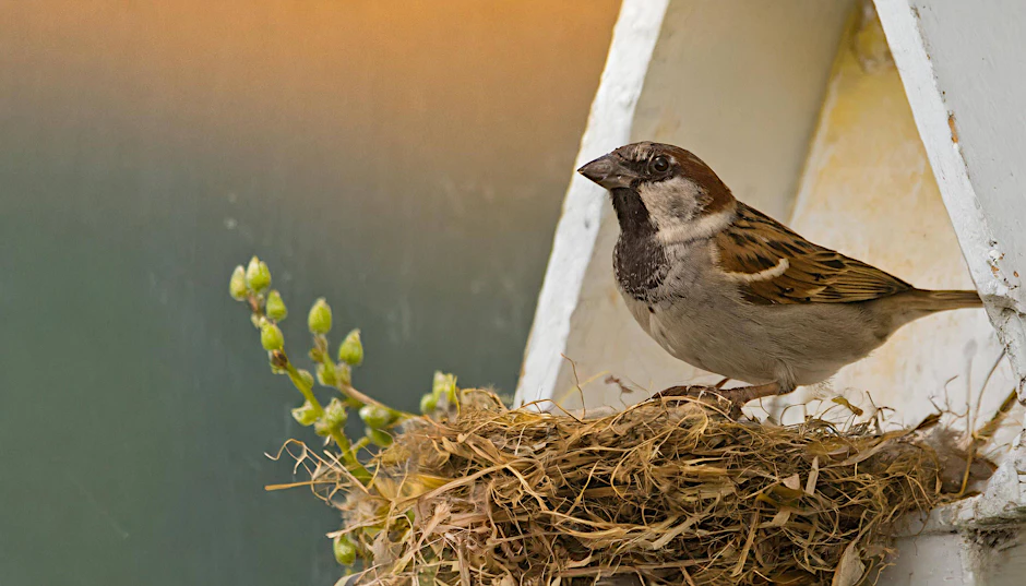 Ein Sperling beim Nestbau. Vögel im Landkreis Rostock sollen dabei Feuer in einem Dachstuhl ausgelöst haben. (Symboldbild)