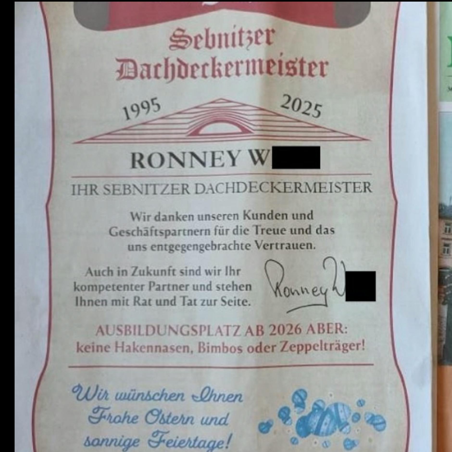 Rassistische Anzeige von Dachdecker aus Sachsen: Verlag kündigt Mitarbeiter