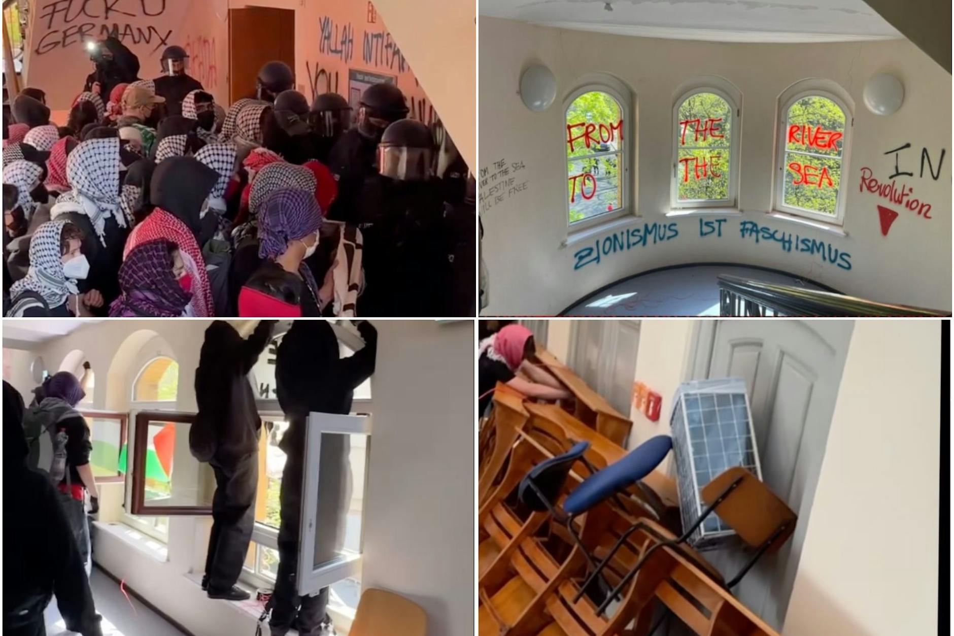 Hier die Verwüstung: Die Bilder von innen – Bänke wurde zu Barrikaden an Türen aufgetürmt.