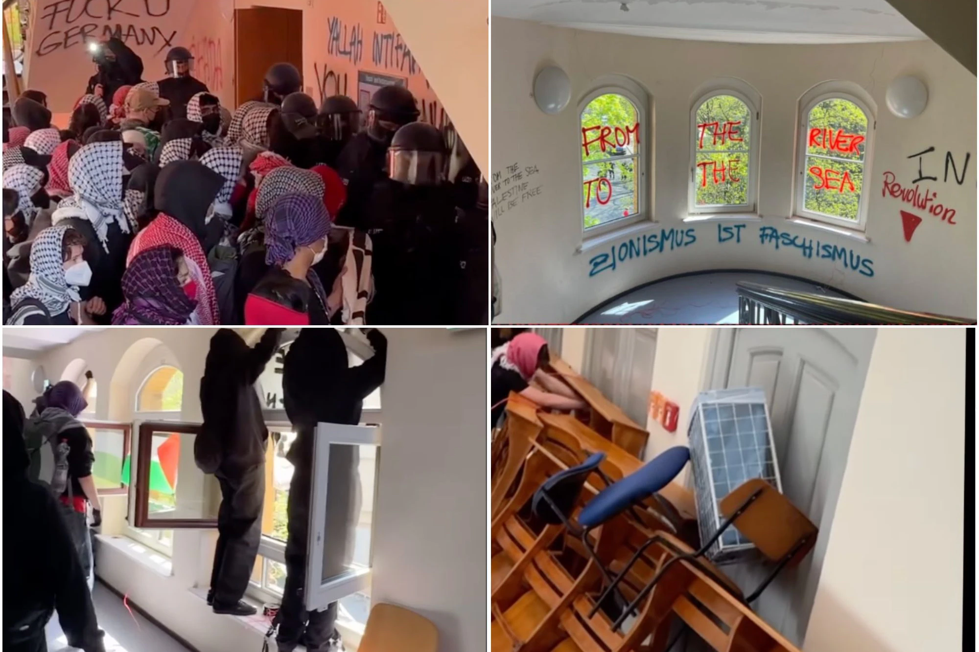 Hier die Verwüstung: Die Bilder von innen – Bänke wurde zu Barrikaden an Türen aufgetürmt.