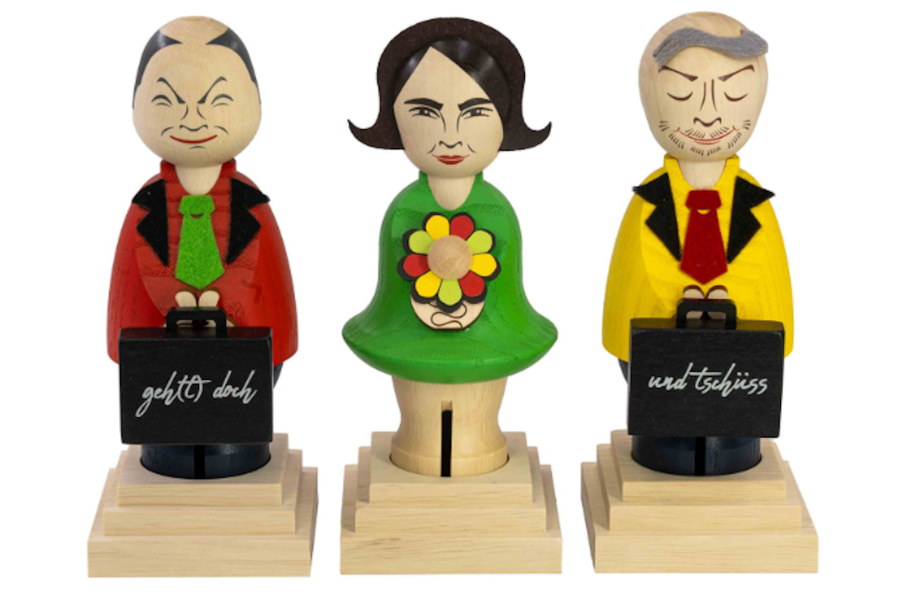 „Geh(t) doch“: So wird die Ampelregierung verabschiedet. Die drei Ampelräuchermännchen und -frauchen Olaf, Annalena und Christian kosten im Paket 199 Euro. Auf der Tasche von Olaf Scholt steht „Geh(t) doch“,  auf der von Christian Lindner „und tschüss“.