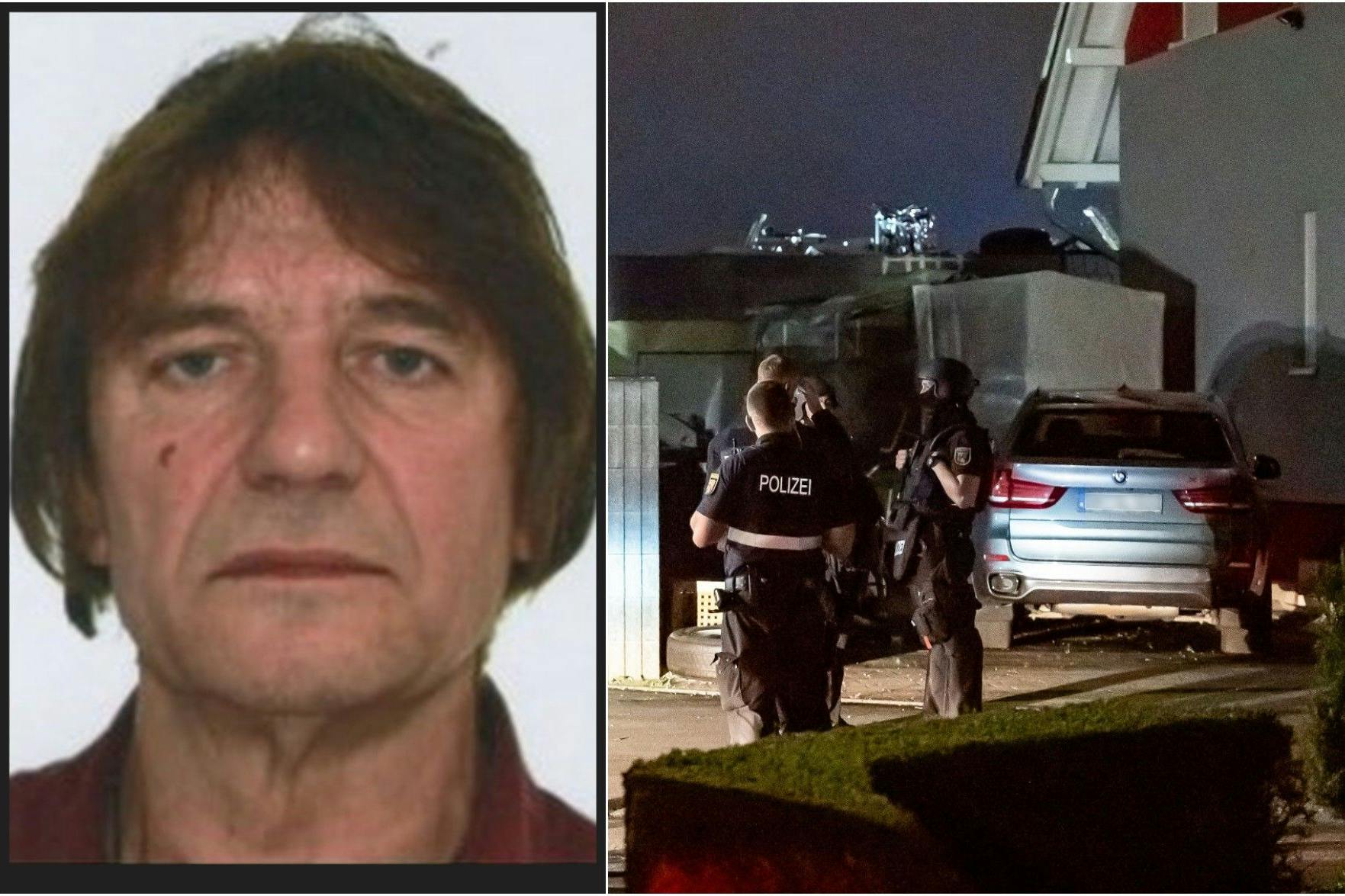 Die Polizei fahndet mit diesem Foto nach dem flüchtigen Alexander Meisner (61). Re: Ermittler im Einsatz vor dem Haus des Westerwald-Killers in Elkenroth.