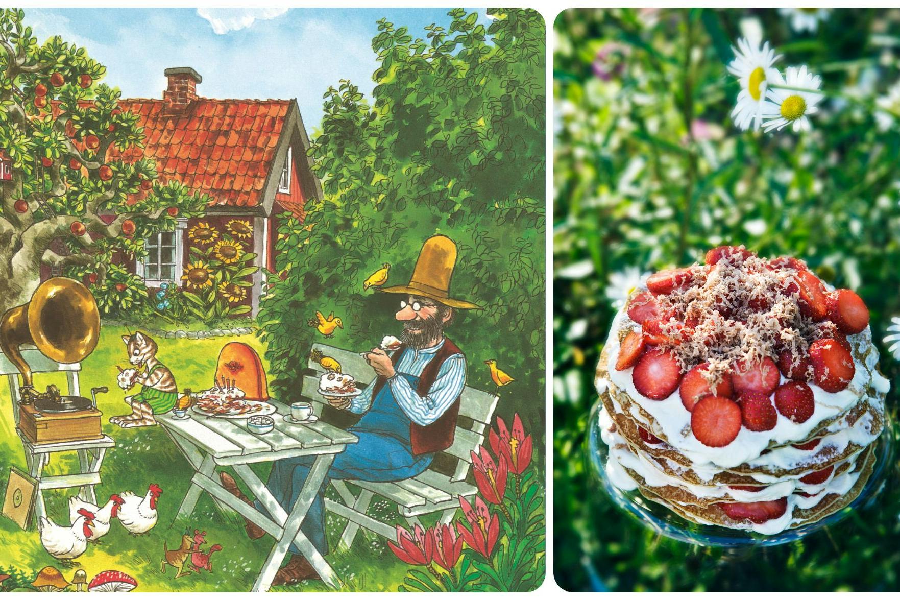 Petterssons & Findus Pfannkuchentorte – Petterson und Findus, gezeichnet und erfunden von Sven Nordqvist aus Schweden. Auf dem Tisch steht die Pfannkuchentorte – HIER das originale Rezept!