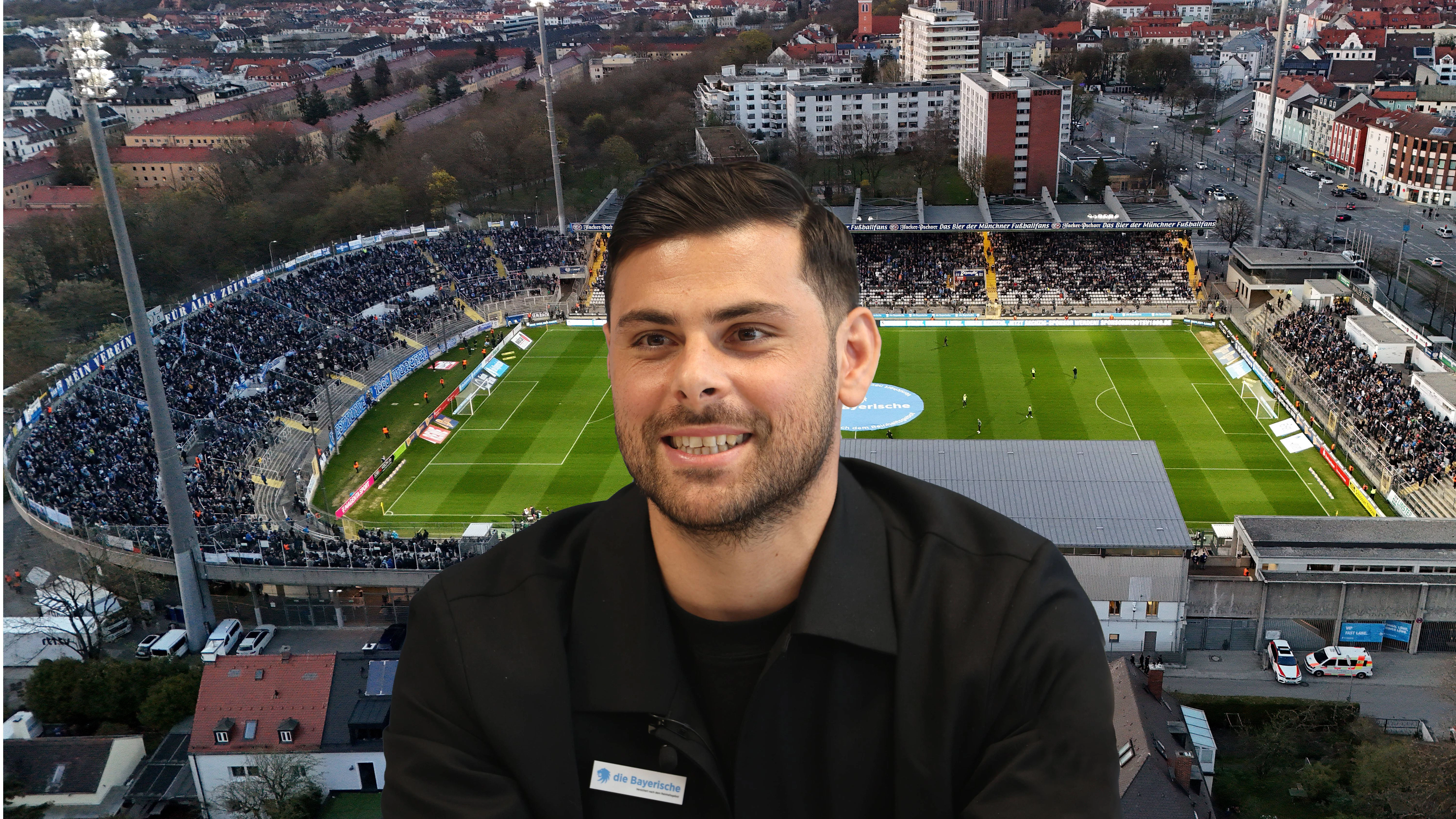 Diese Fotomontage zeigt Kevin Volland vor dem Stadion von 1860 München, in dem in er neuen Saison Tore schießen soll.