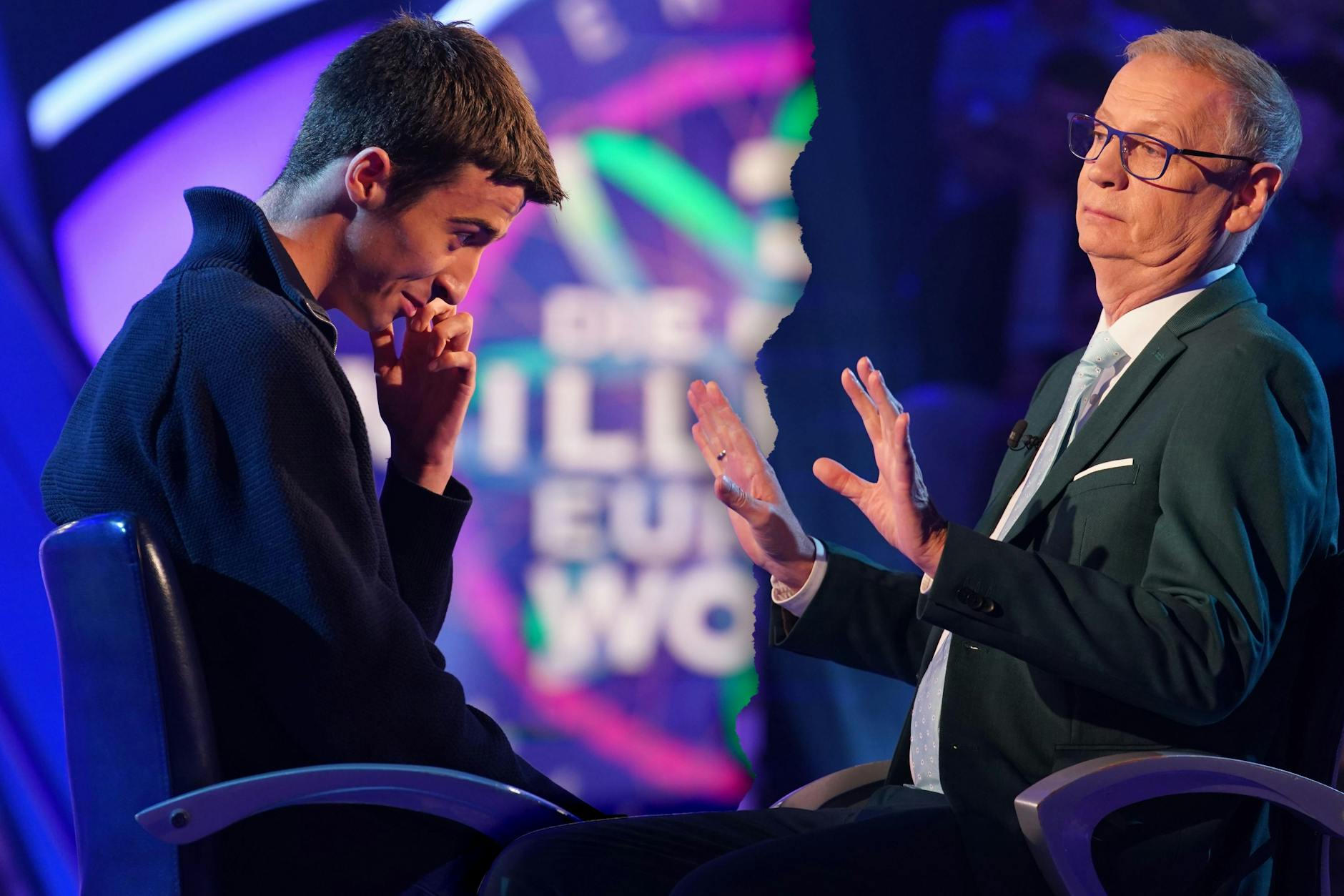 Günther Jauch und Bent Jaron Sbrzesny bei „Wer wird Millionär“. Bei einer Tierfrage steht der 18-Jährige leider völlig auf dem Schlauch, muss sich vom Publikum helfen lassen.