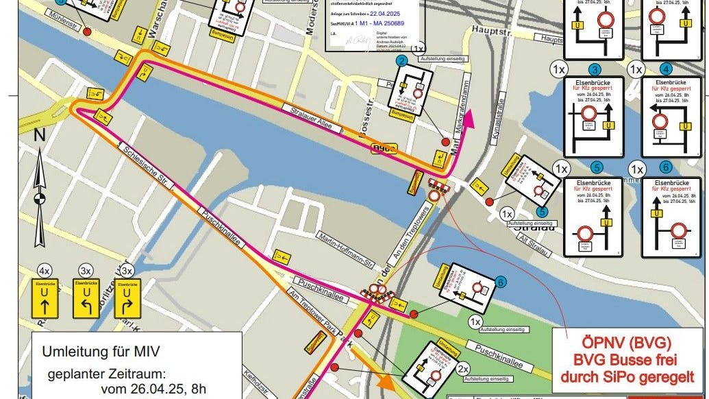Der Umleitungsplan an der Elsenbrücke für kommendes Wochenende.