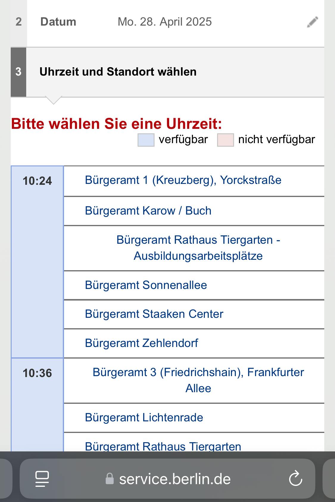 Um 10.13 Uhr waren am Montag mehrere freie Bürgeramt-Termine zu buchen.