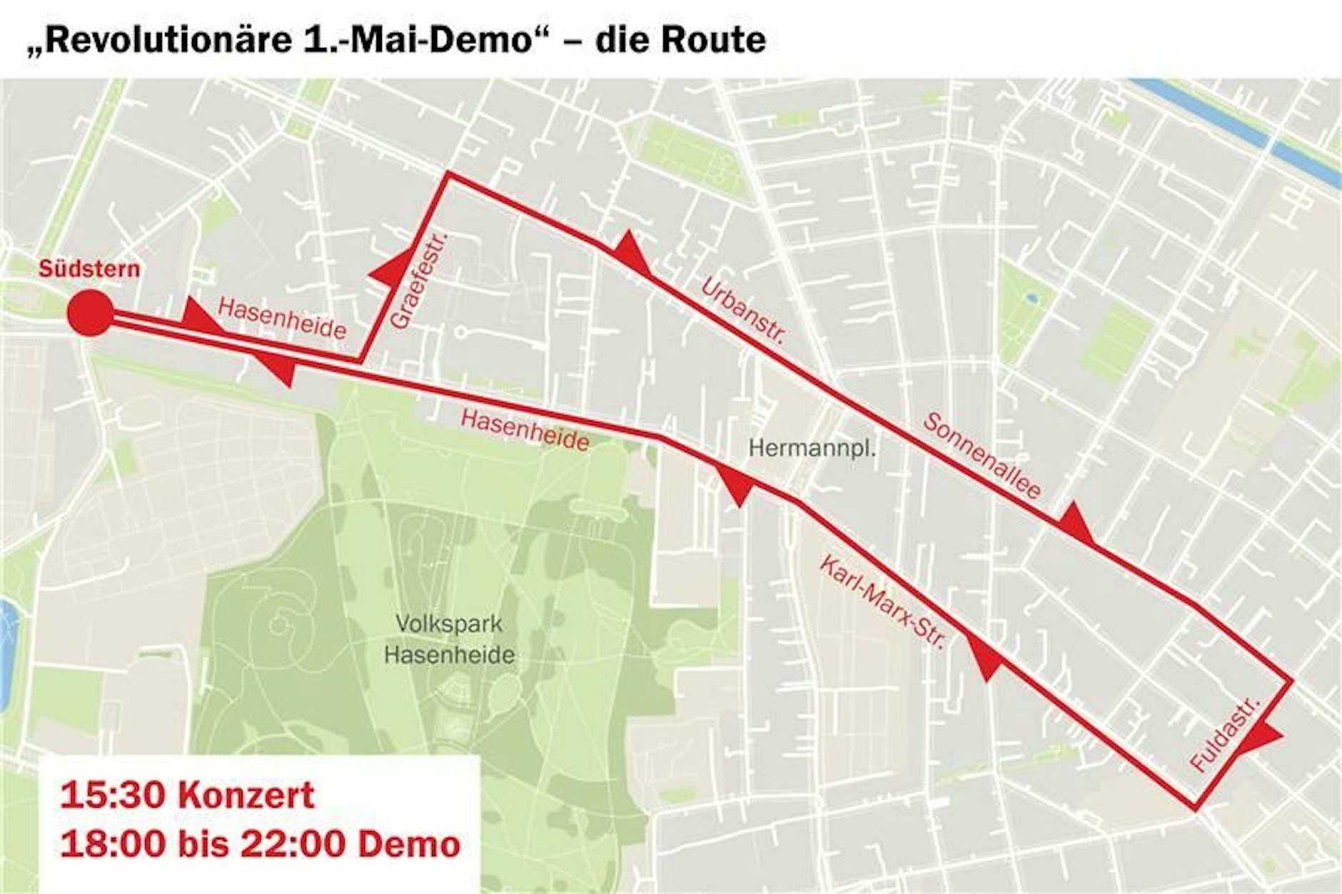 Route und Zeiten für den Abend des 1. Mai
