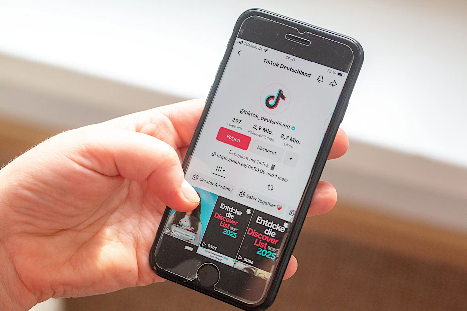 Ein Nutzer hält ein Smartphone mit der geöffneten TikTok-App in der Hand.