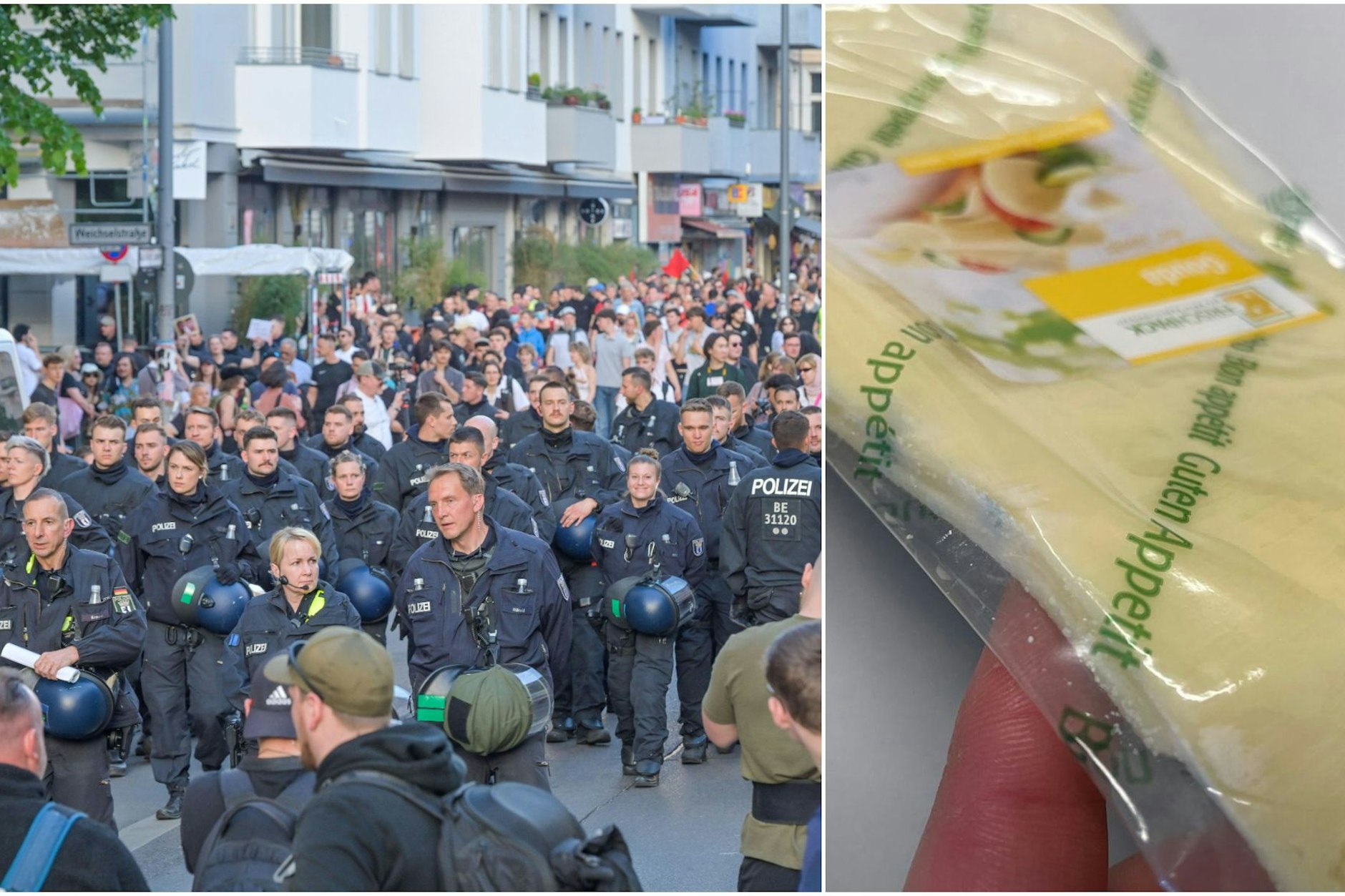 Ist dieser Brotbeutel unserer Berliner Polizisten nicht eine bodenlose Frechheit? Schimmel im Käse am 1. Mai – einfach widerlich.