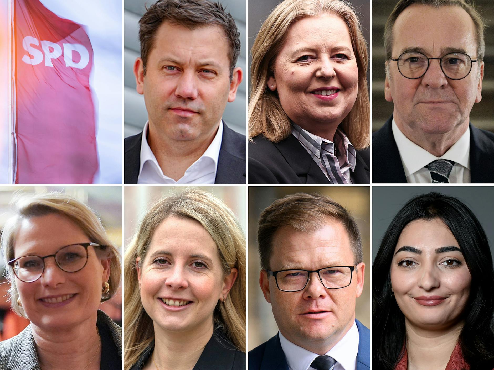 Das geplante Minister-Tableau der SPD: Der designierte Vizekanzler und SPD-Parteichef Lars Klingbeil (oben, 2.v.l-r), Bärbel Bas, Boris Pistorius, Stefanie Hubig (unten, l-r), Verena Hubertz, Carsten Schneider, und Reem Alabali-Radovan.