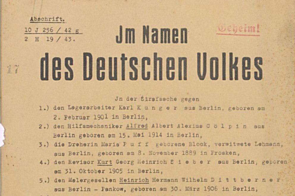 Urteil des „Volksgerichtshofs” gegen Karl Kunger und andere, 19. März 1943