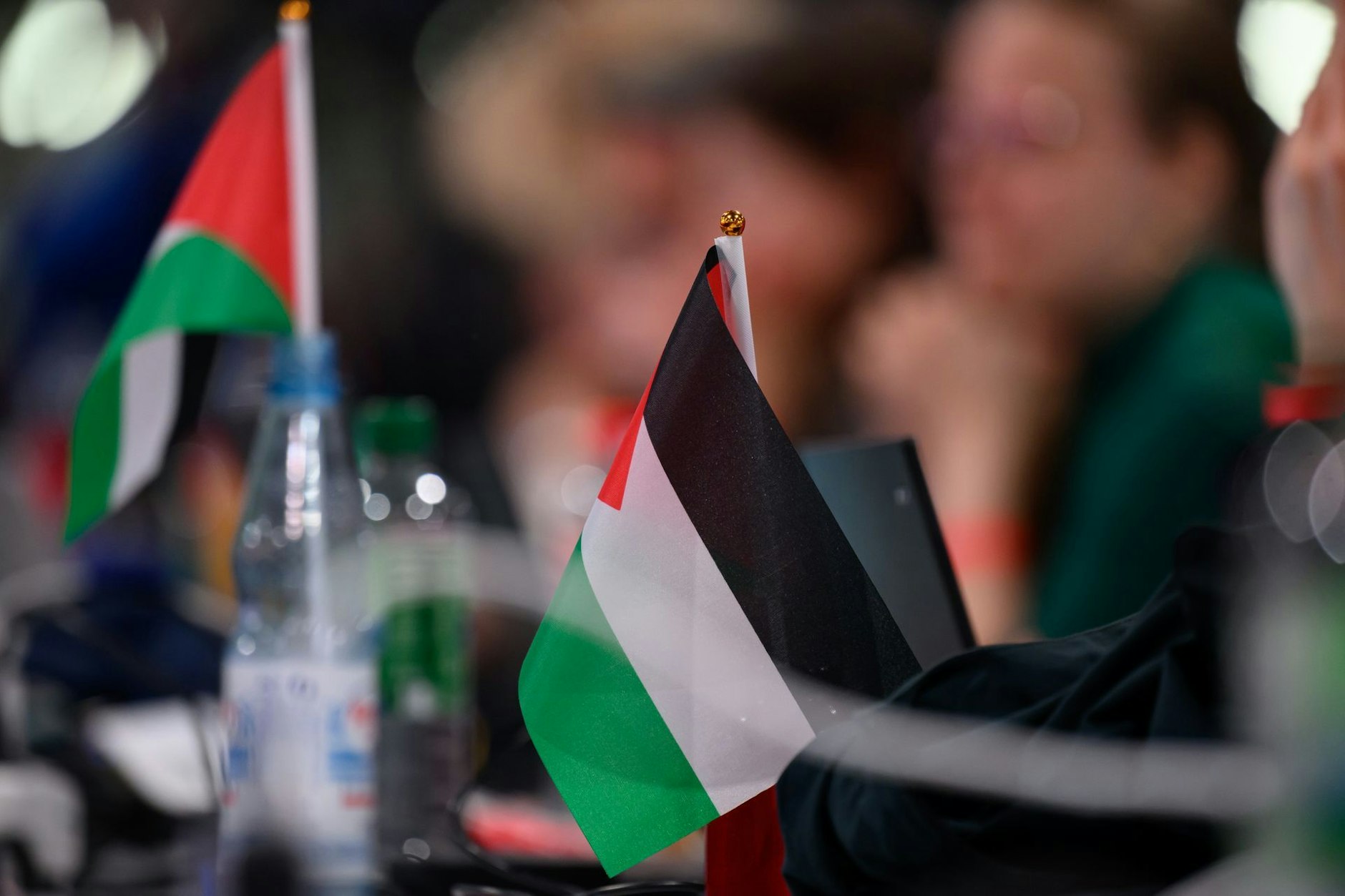 Palästina-Fahnen stehen auf dem Tisch von Delegierten auf dem Bundesparteitag der Partei Die Linke in Chemnitz.