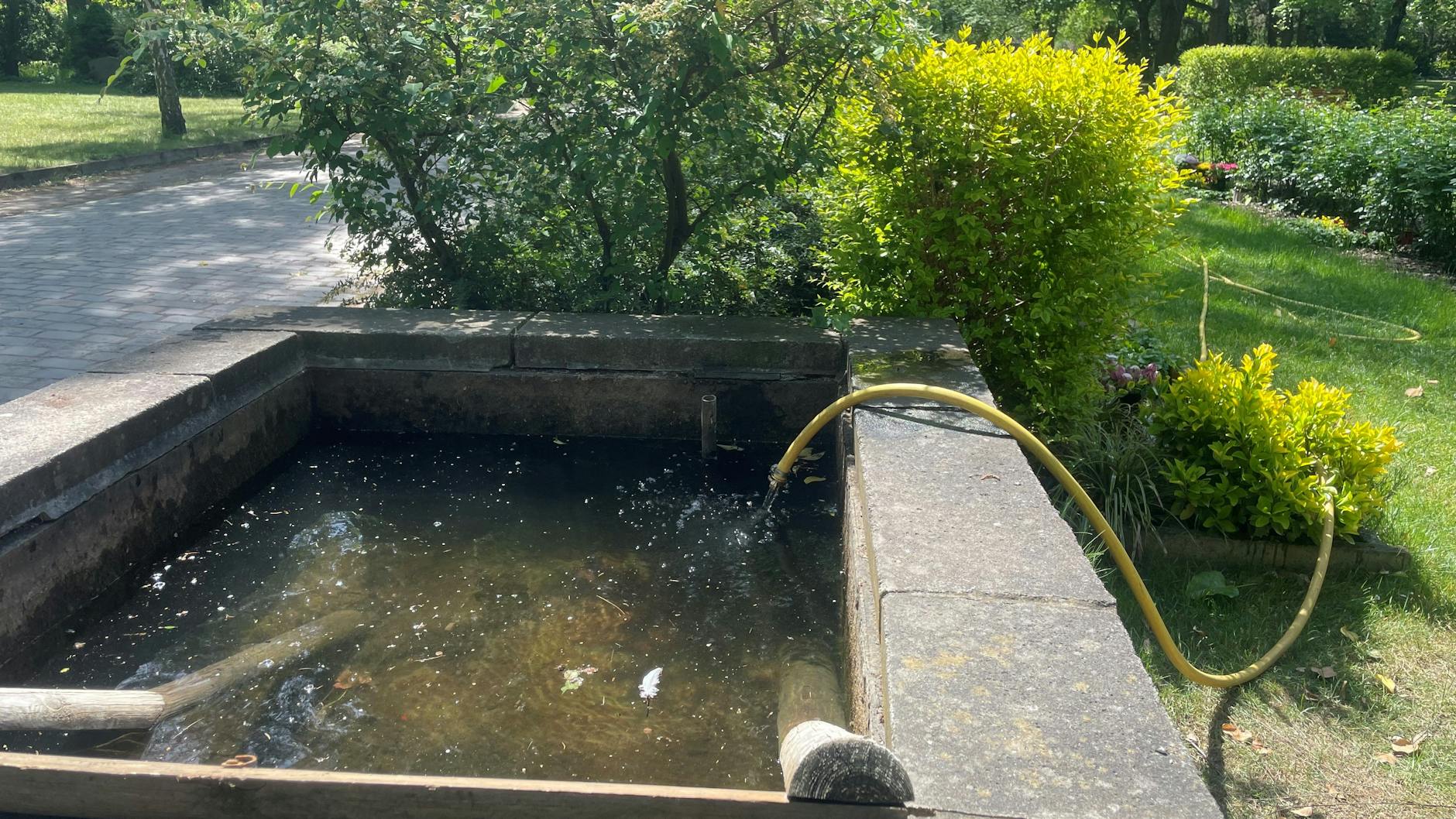 Mit einem Schlauch, der 250 Meter weit ausgerollt wird, füllen Mitarbeiter auf dem Friedhof Frischwasser in die Brunnen in Eingangsnähe. Ein Wahnsinns-Aufwand jeden Tag.