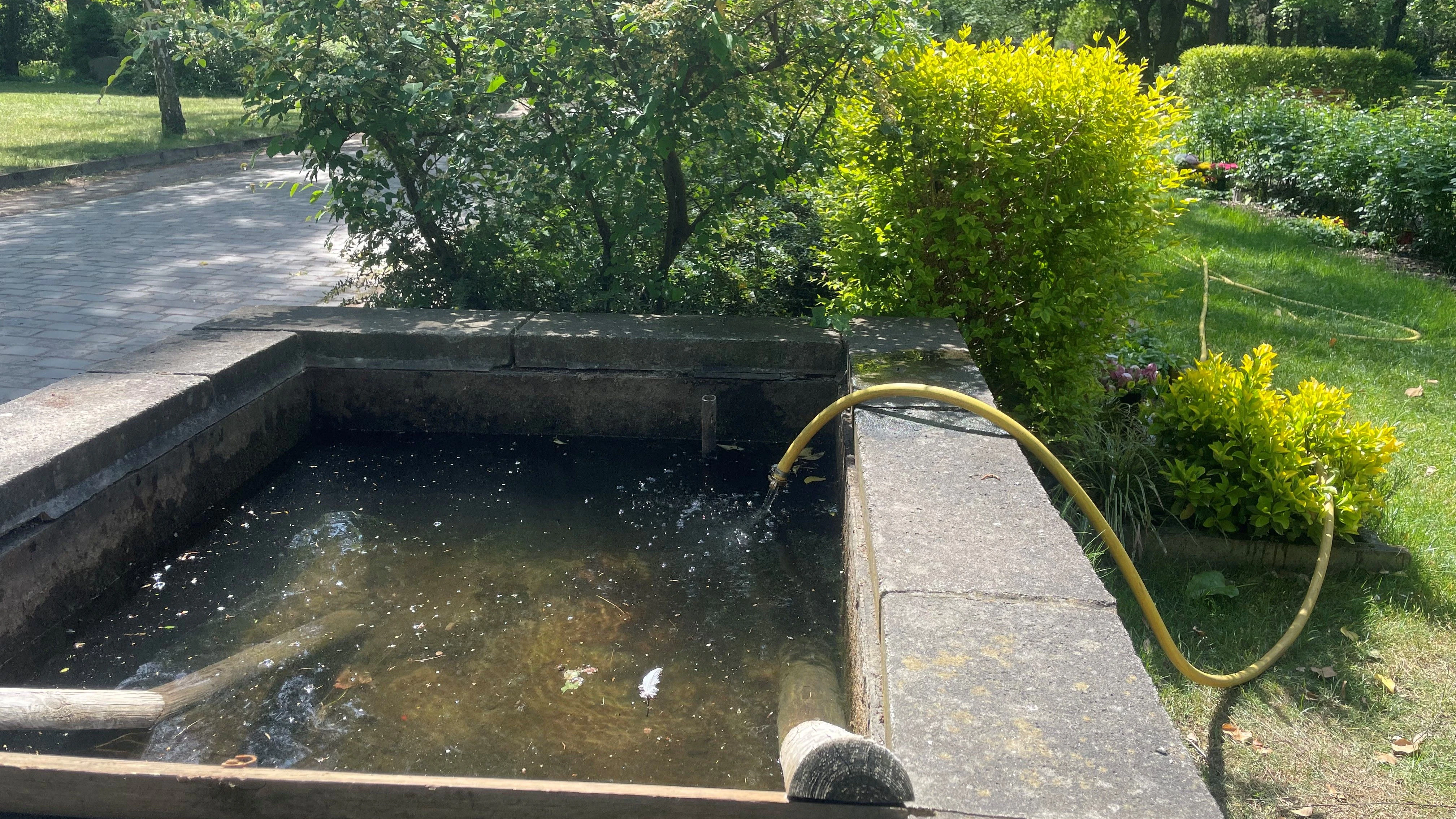 Mit einem Schlauch, der 250 Meter weit ausgerollt wird, füllen Mitarbeiter auf dem Friedhof Frischwasser in die Brunnen in Eingangsnähe. Ein Wahnsinns-Aufwand jeden Tag.