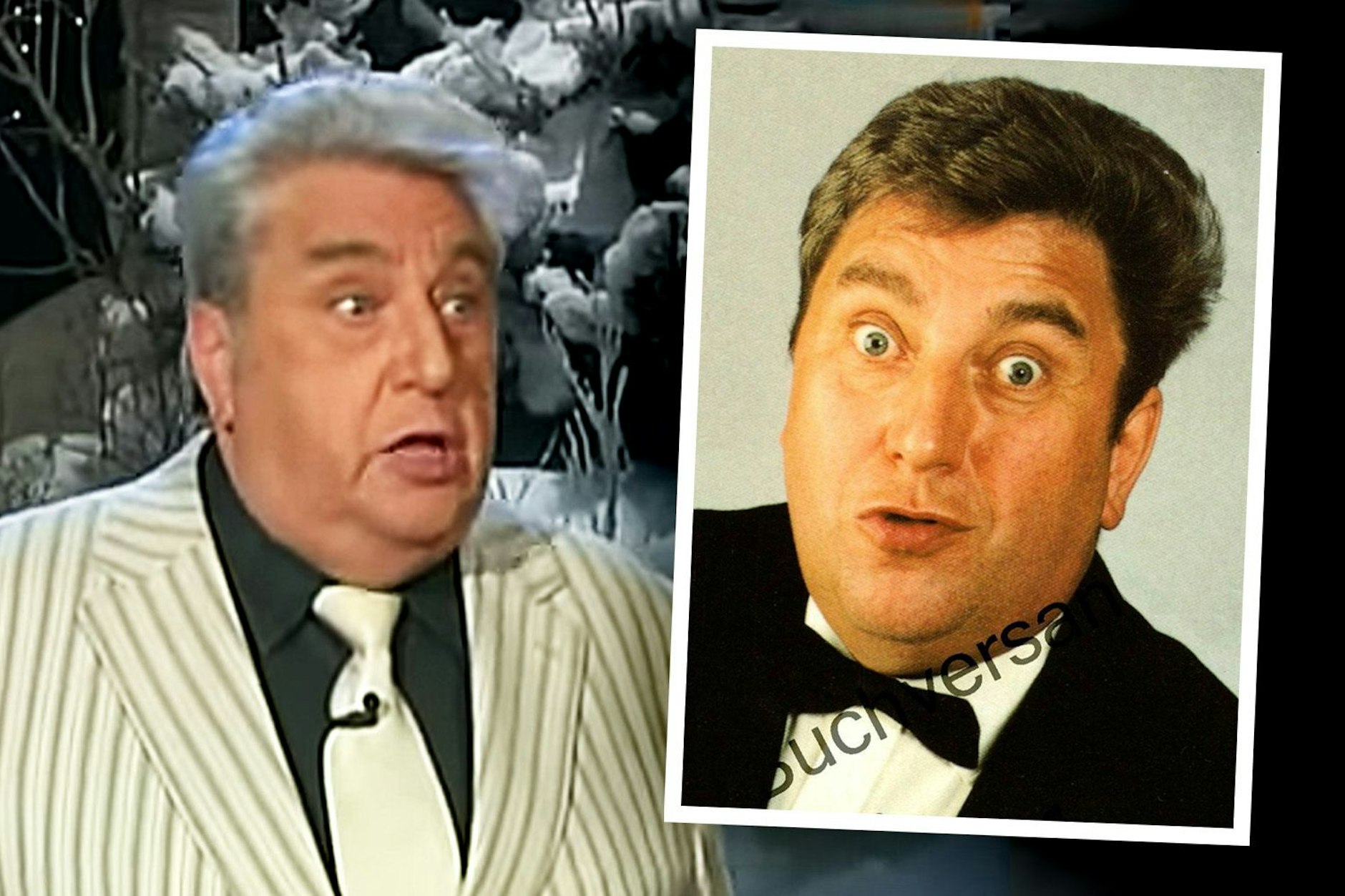 Erinnern Sie sich an Winfried Krause? Der Komiker (hier bei einem Auftritt im MDR und auf einer alten Autogrammkarte) legte in der DDR eine Fernsehkarriere hin, trat auch nach der Wende noch auf. 