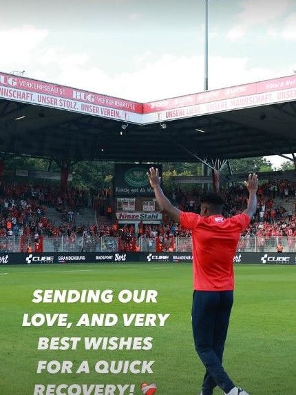 Auch der 1. FC Union schickt Genesungswünsche an Taiwo Awoniyi, der nach einer Not-OP im künstlichen Koma liegt.