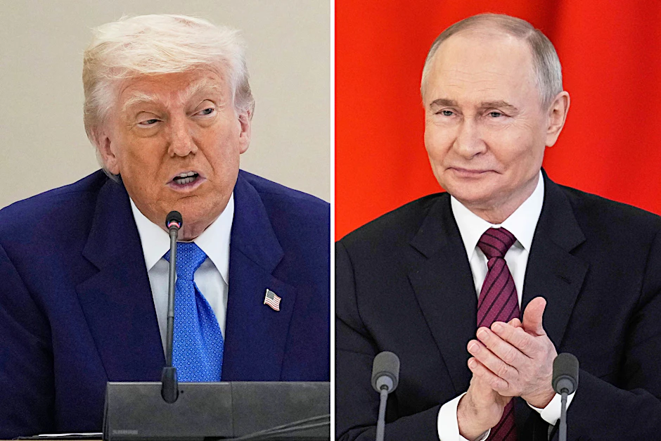 US-Präsident Donald Trump am 16.05.2025 in Abu Dhabi, VAE, (l.), und Russlands Präsident Wladimir Putin am 10.05.2025 bei einer Unterzeichnung im Kreml in Moskau, (r.)