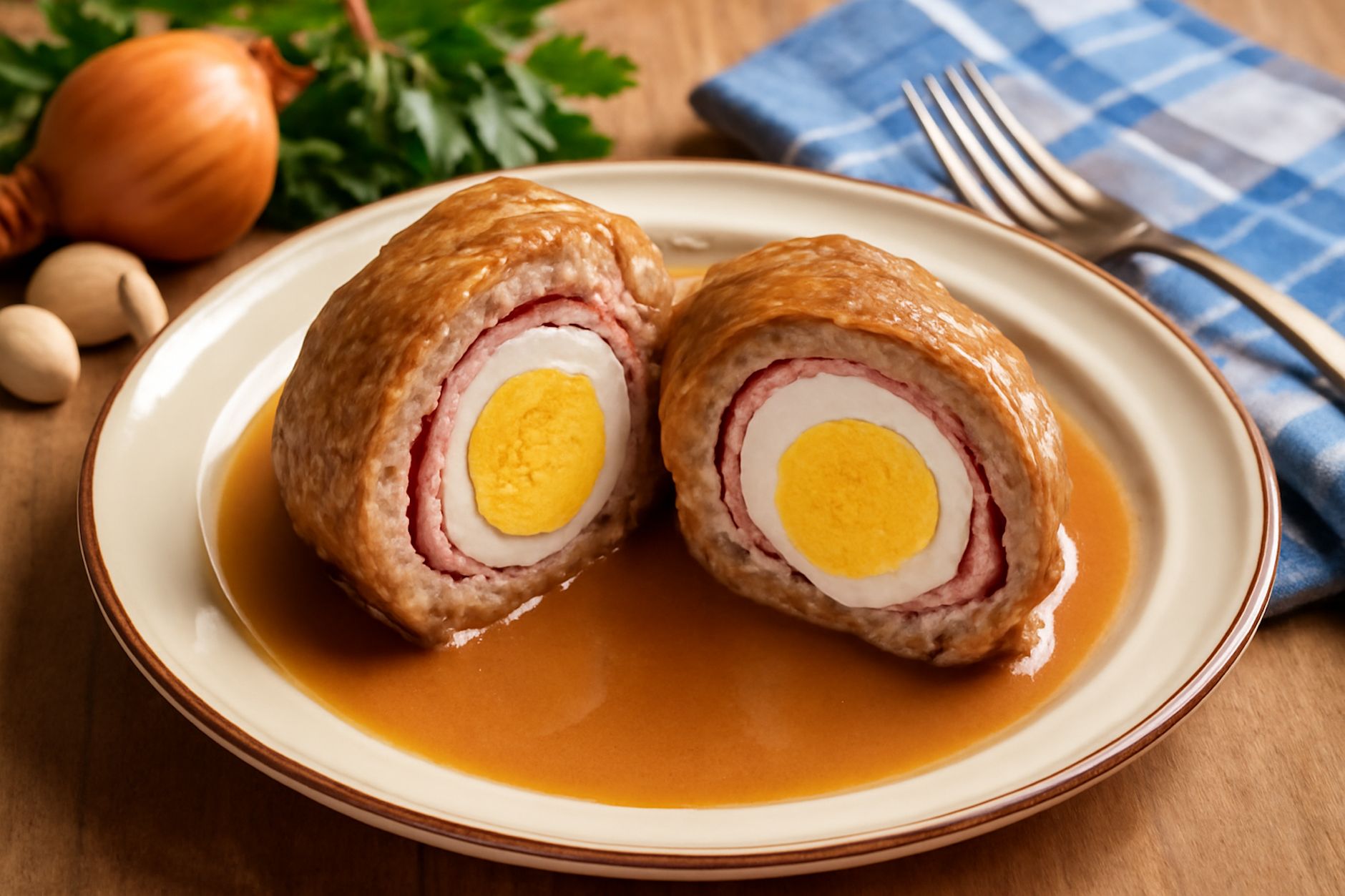 Soll wie ein Schwalbennest aussehen: in der Mitte das Ei, ringsherum Schinken und außen das gerollte Kalbsschnitzel.
