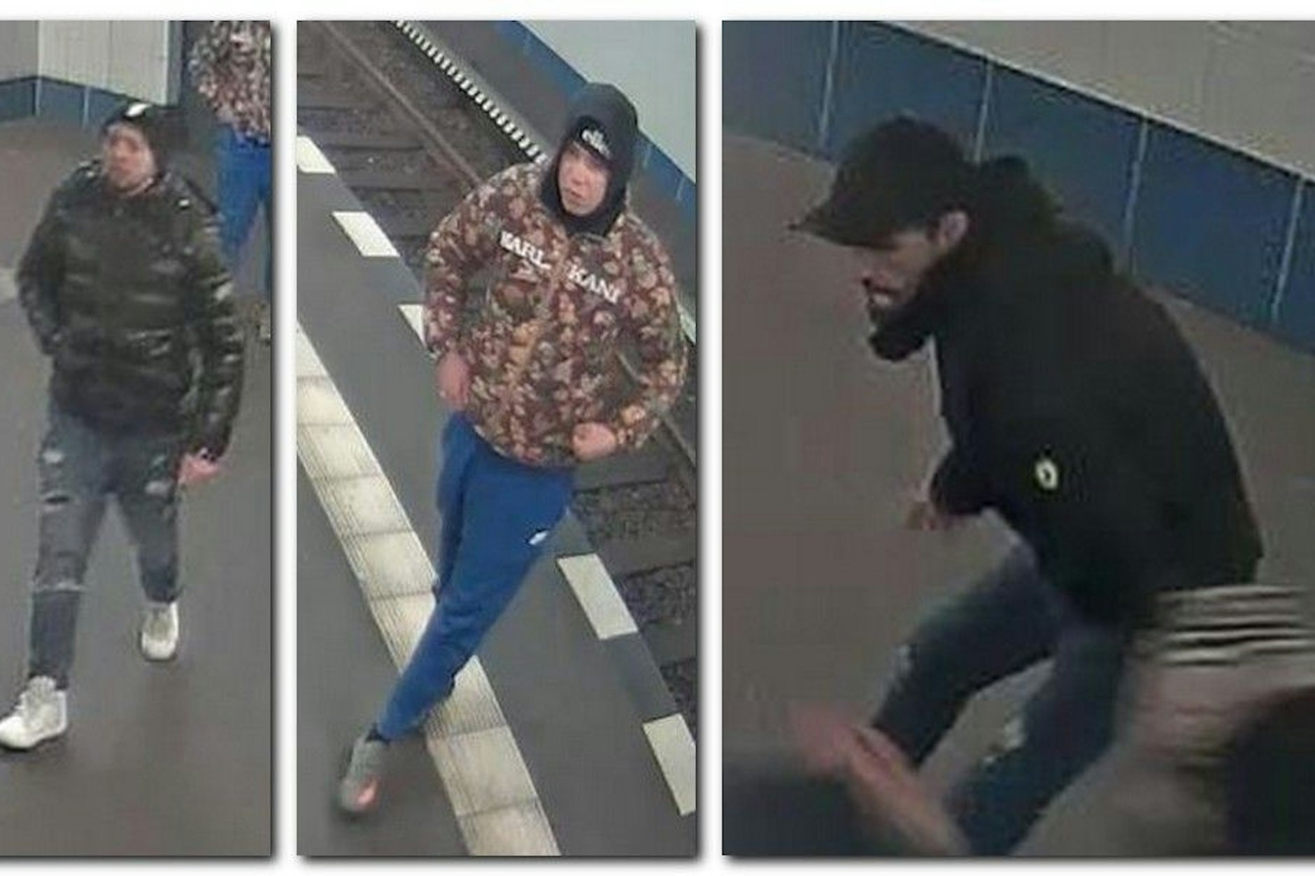 Die Berliner Polizei sucht diese Männer. Die Keilerei fand in einem BVG-Bahnhof statt.