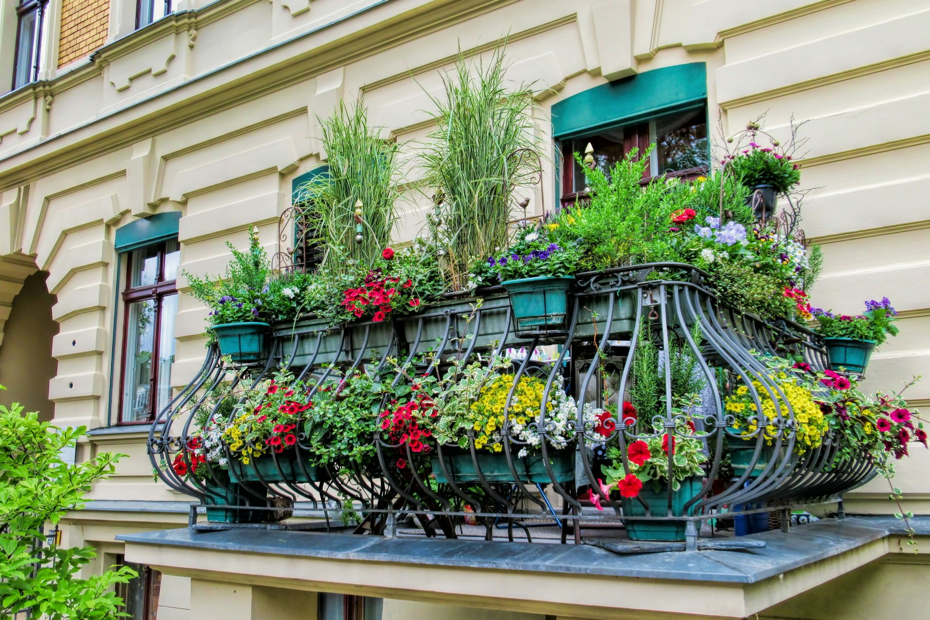 Blumenpracht auf einem Berliner Balkon: In der Neuköllner High-Deck-Siedlung findet jedes Jahr ein Balkonwettbewerb statt.