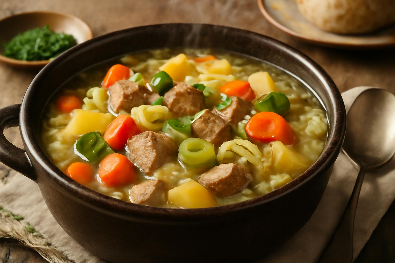 Der Pichelsteiner Topf: eine kräftige Gemüsesuppe mit Fleischwürfeln.