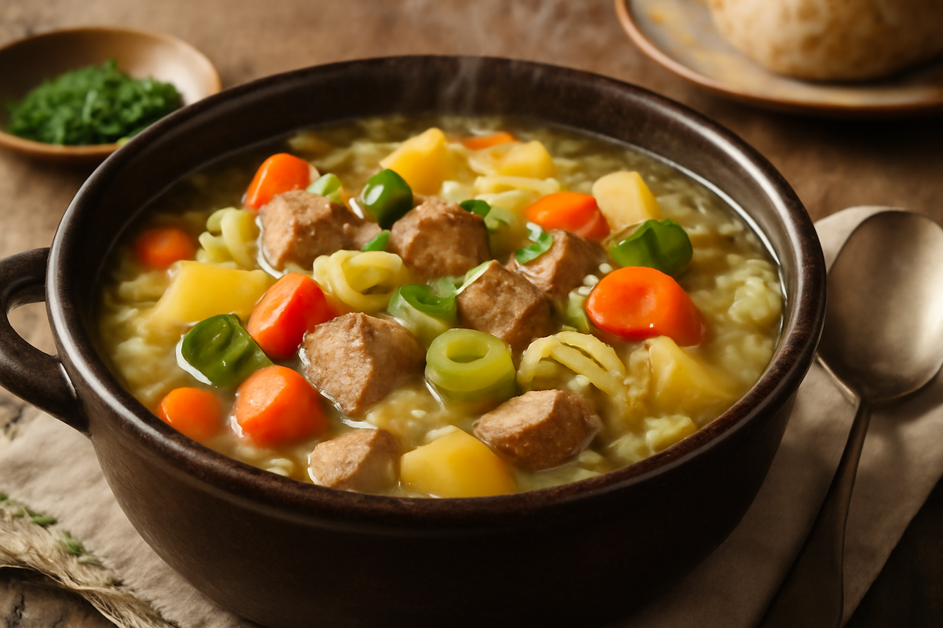 Der Pichelsteiner Topf: eine kräftige Gemüsesuppe mit Fleischwürfeln. 