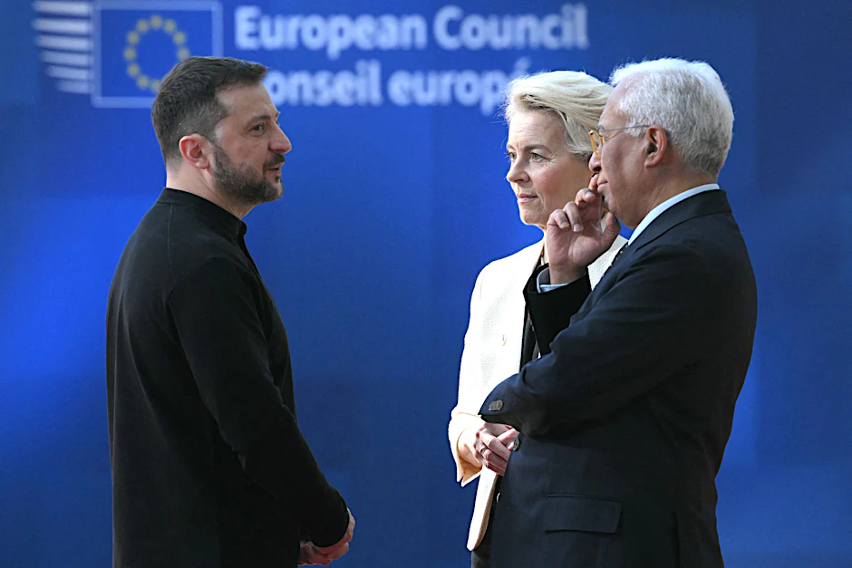 EU-Ratspräsident Antonio Costa, Ursula von der Leyen und Wolodymyr Selenskyj am 6. März 205 in Brüssel.