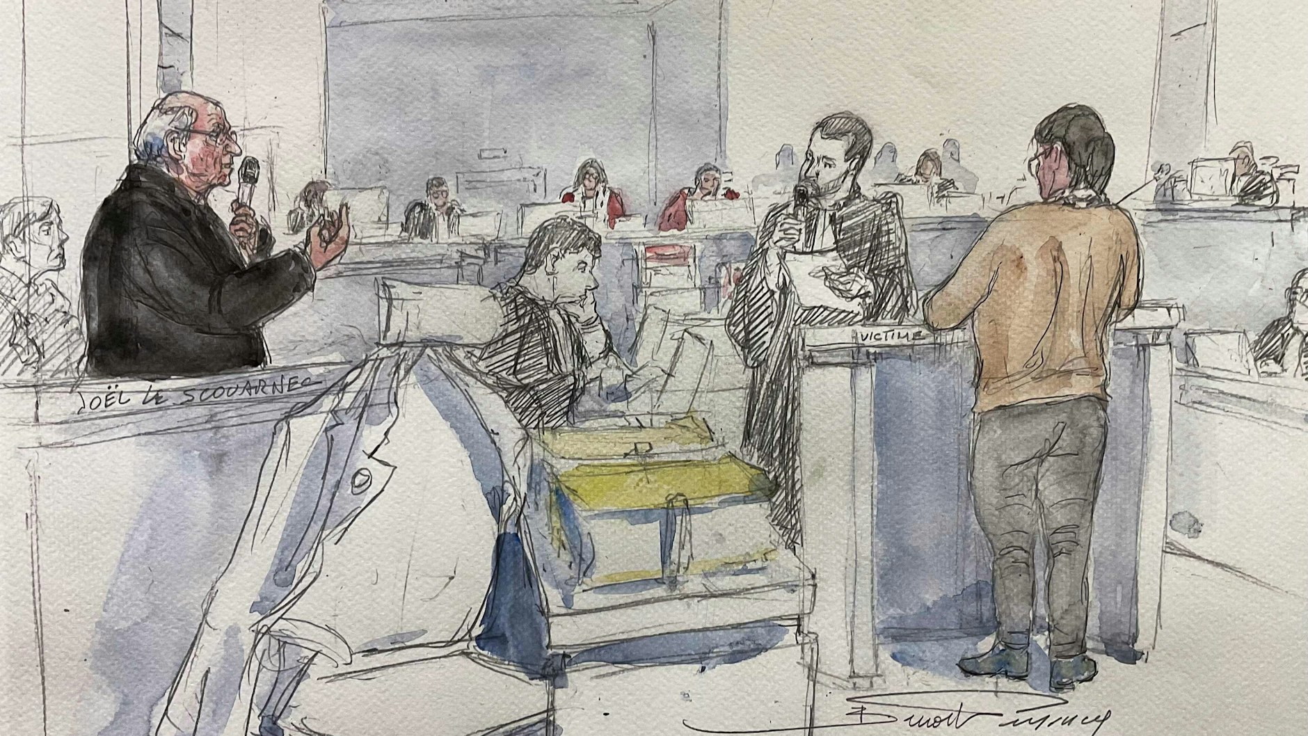 Die Gerichtsskizze vom 6. März zeigt ein Opfer (rechts) und den angeklagten Arzt Joël Le Scouarnec (links) während seines Prozesses in Vannes.